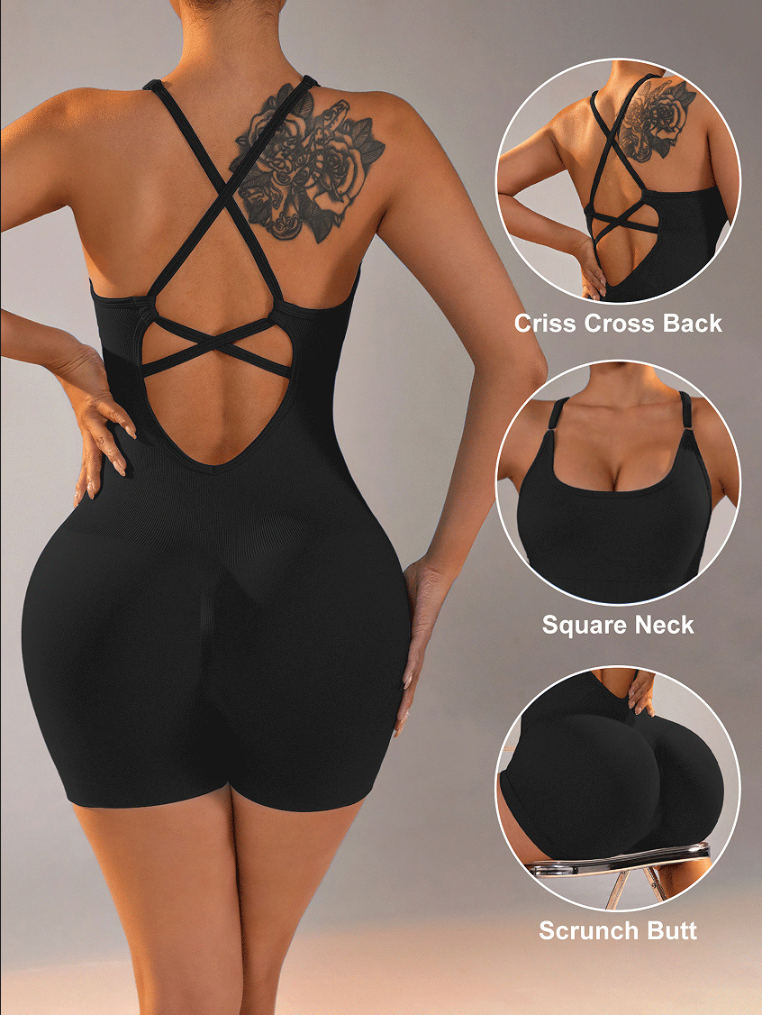 Size S Black Nylon Seamless Yoga Bodysuit - Women's Athletic Romper, Crisscross Back, Workout Jumpsuit โ image 2
