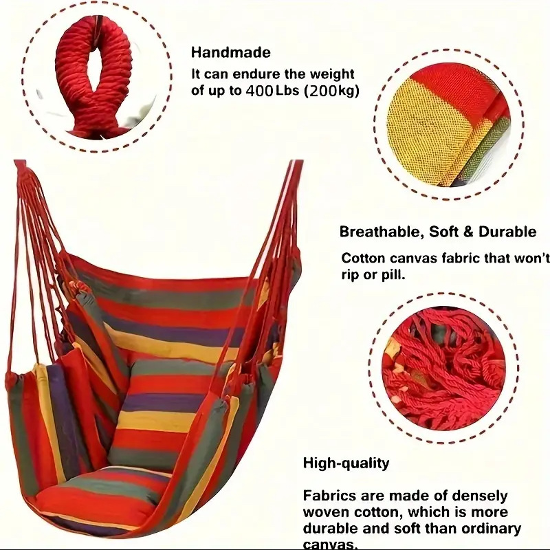 Colorful Striped Hammock Chair with Ropes and Storage Bag - Brown Stripes — image 2