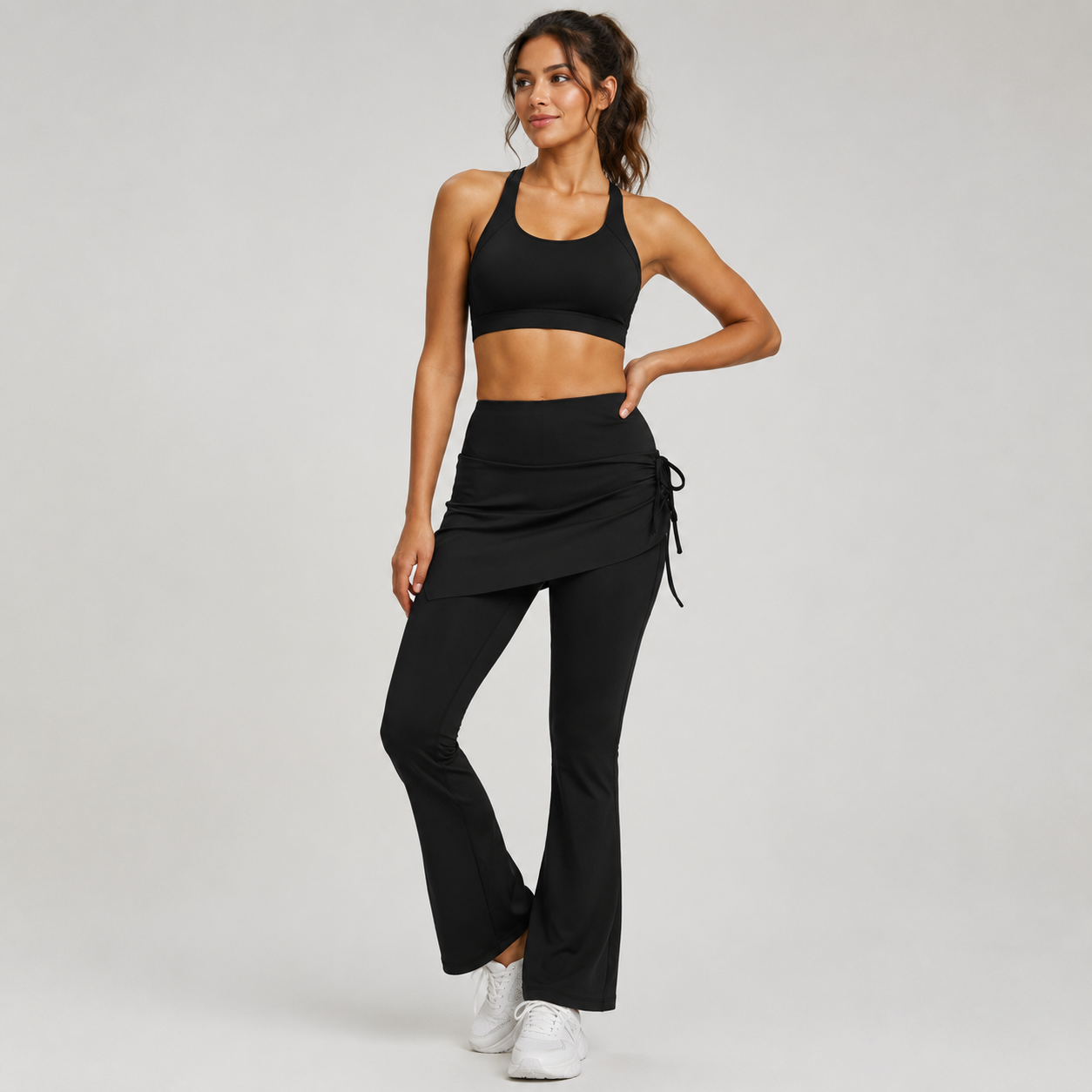 Women's High Waist Skirted Flare Yoga Pants with Adjustable Ruched Drawstring (L size)- Black Faux Two Piece Bootcut Leggings for Pilates, Gym โ image 3