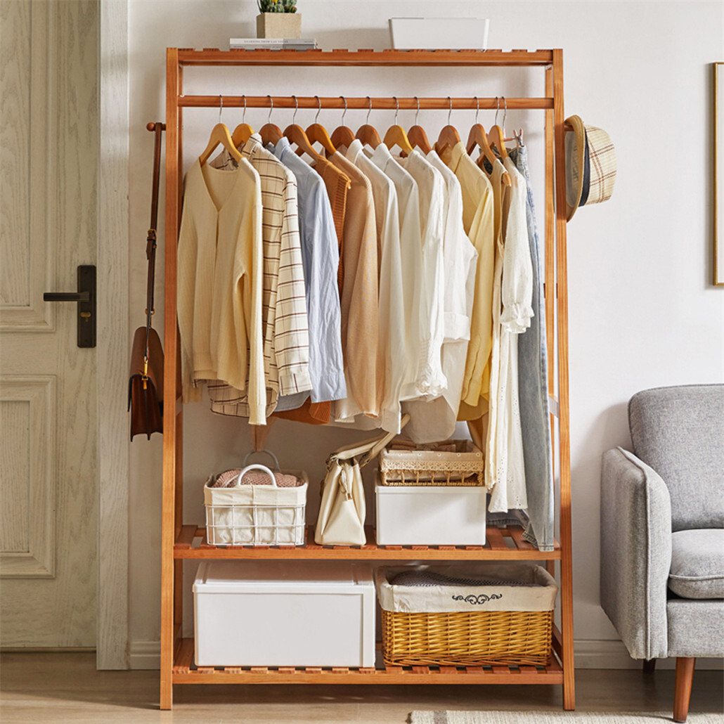 Bamboo Clothes Hanging Garment Rack Portable Laundry Rack Closet Storage Shelves — image 3
