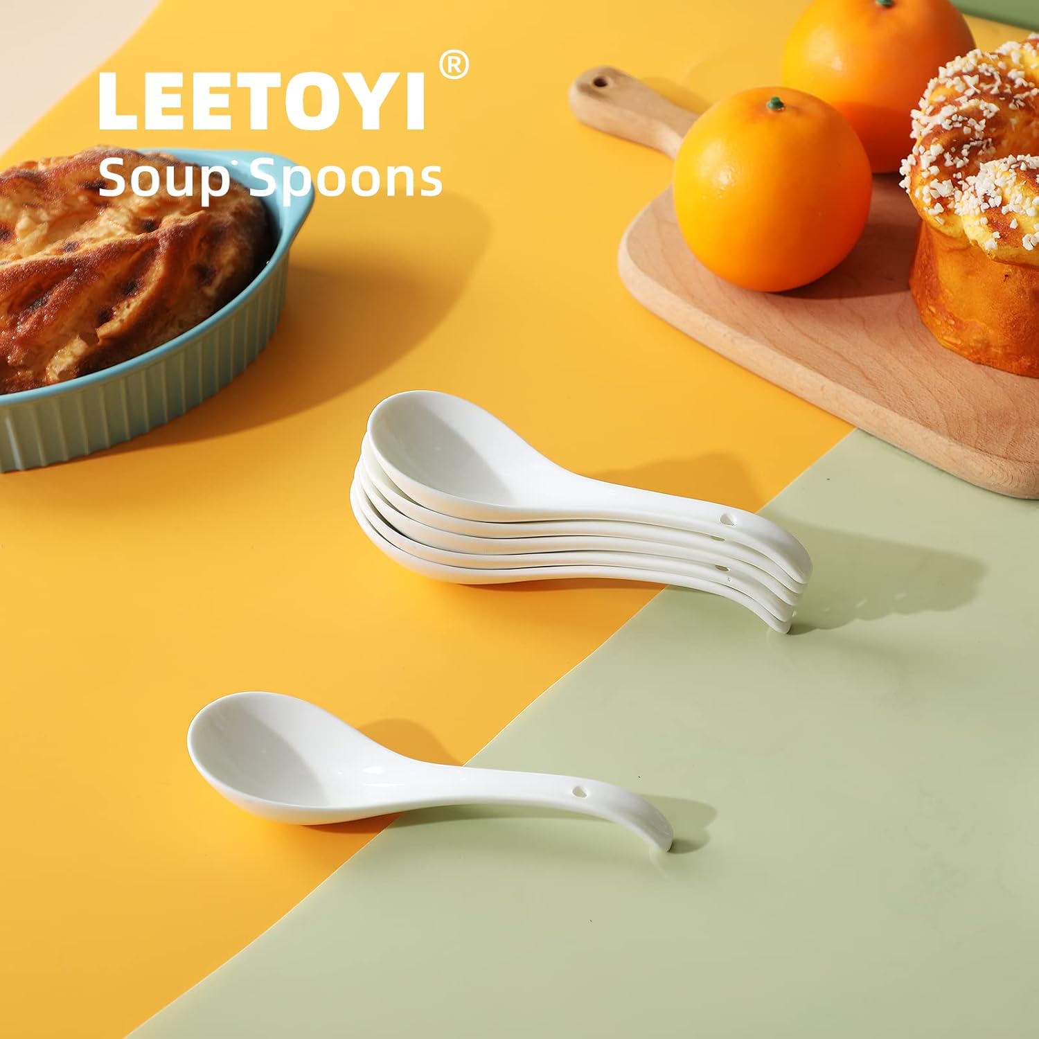 Asian Soup Spoons Set of 6, Ceramic Japanese Soup Spoons, Ramen Spoon for Cereal Wonton Dumpling Noodles,Table Spoon Set Dishwasher Safe Easy To Clean, White — image 2