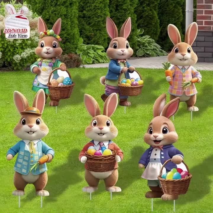 2DFlat, 8pcs Easter Gentleman Rabbit Group Decoration, exquisite shape holding egg basket / carrot rabbit, fashionable dress design outdoor waterproof easy to — image 4