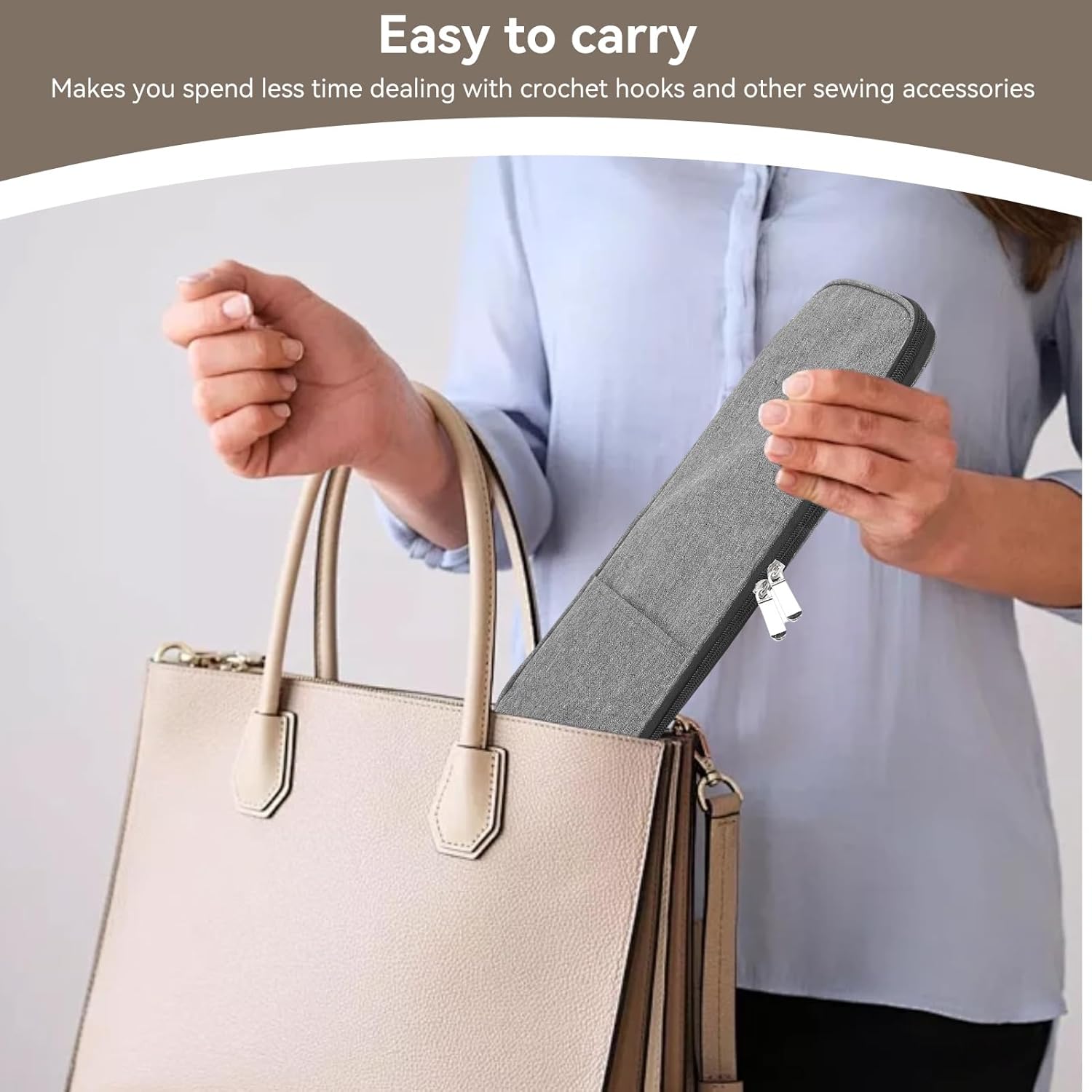 Knitting Needle Case, Travel Zipper Organizer Bag for Straight Needles Dual Crochet Case Supplies Accessories Grey — image 5