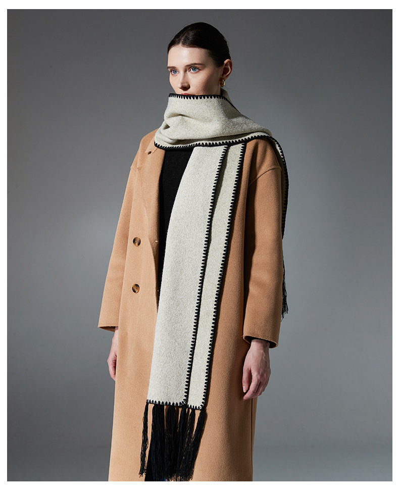 Beige Contrast Edge & Tassel Scarf - Chic Autumn/Winter Neckwear (190x30cm) — image 4