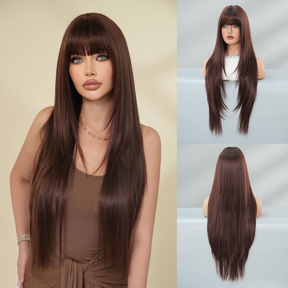 High-Density Synthetic Wig Heat-Resistant Wig Tea-Colored Wig Long Straight Wig - Mocha Brown - Size 85cm-33inch