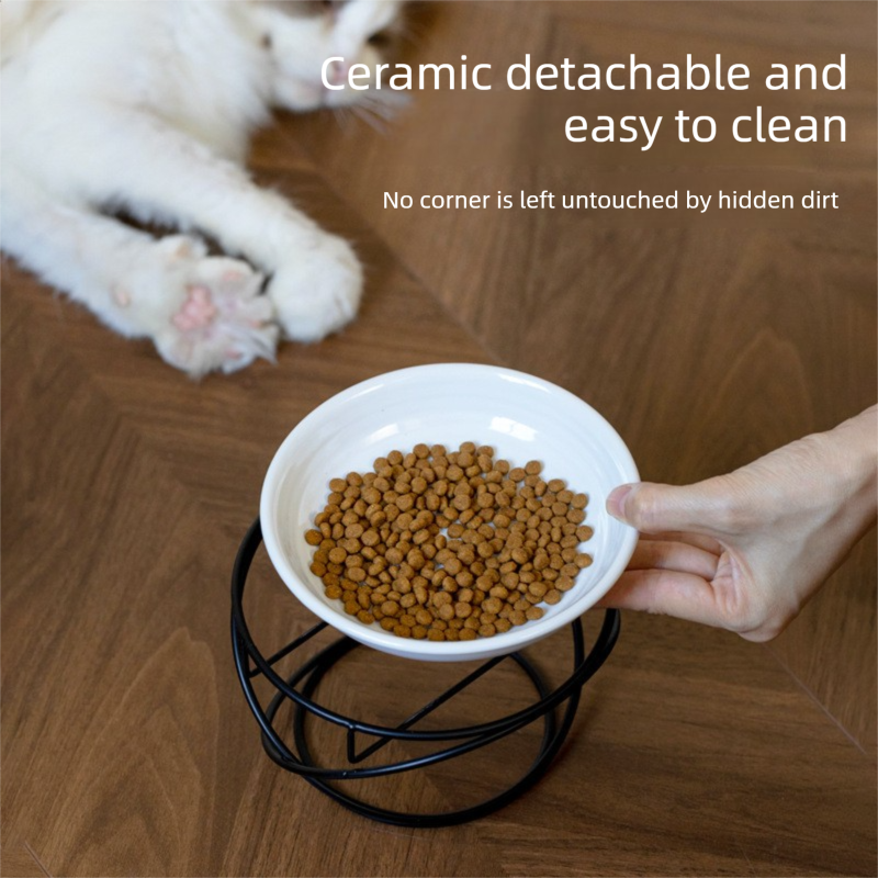 Raised Ceramic Pet Bowl with Metal Stand White - Paw Print Cat and Dog Feeding Bowl, Removable Easy-Clean Dish with Elevated Design for Food and Water — image 3