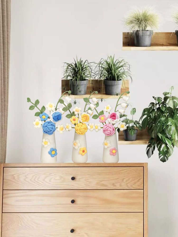 Simulation Woolen Flower Handmade Knitting Artificial Flower Crochet Knitted Flower with Ceramic Vase Table Flower Gift — image 6