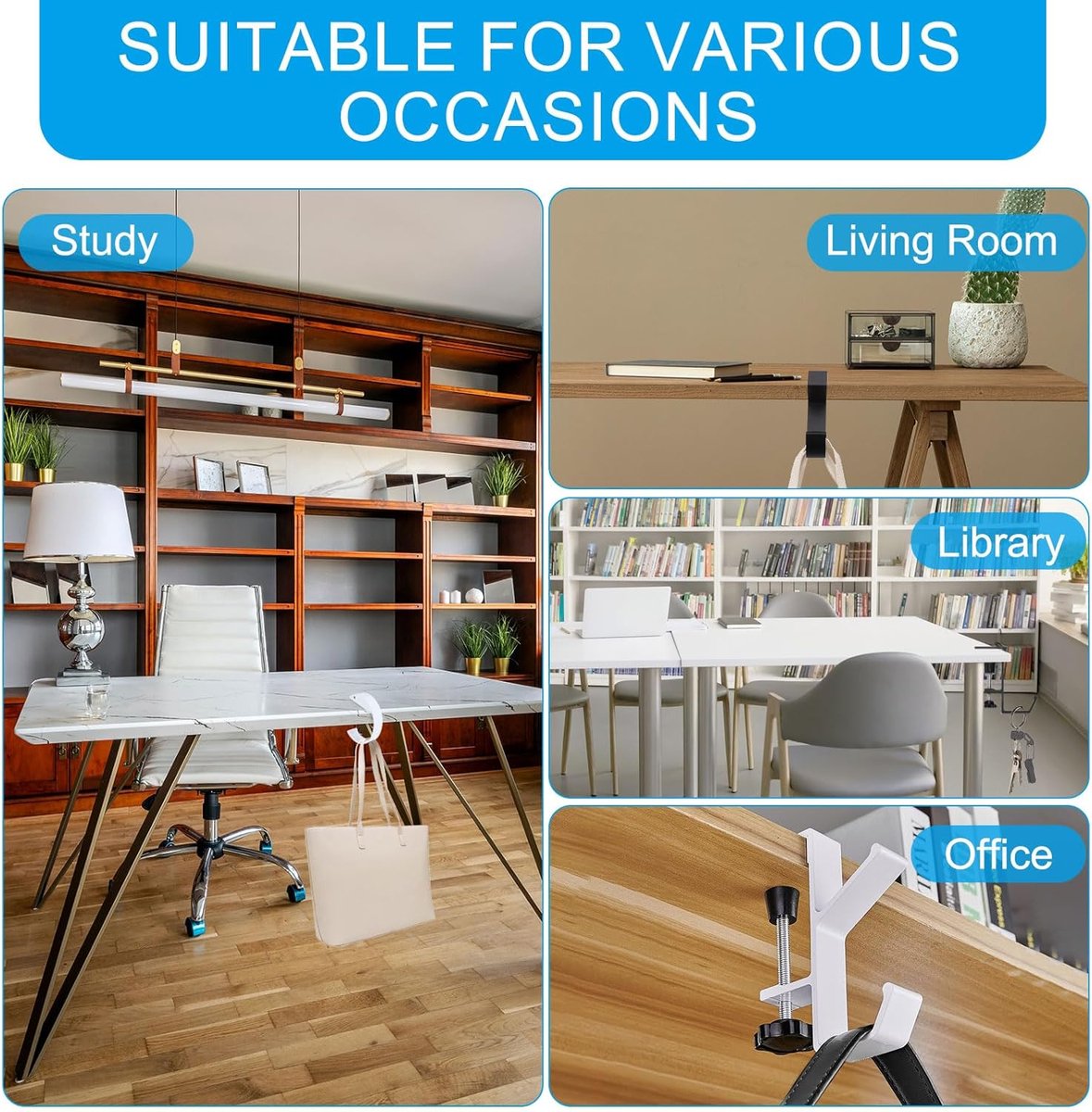 4 pieces - Hooks - Desk hooks - Backpack hooks - Storage accessories - No drilling required - Suitable for desks, bedrooms, study rooms, and living rooms — image 6
