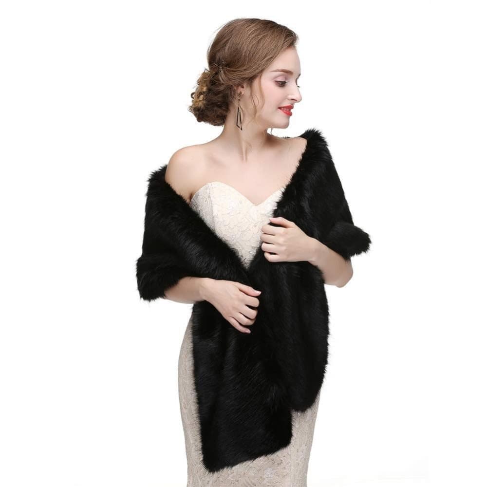 Black Faux Fur Scarf Shawl for Women, Warm Long Large Bridal Shoulder Warmer for Party Wedding Evening Dress Winter Use — image 3