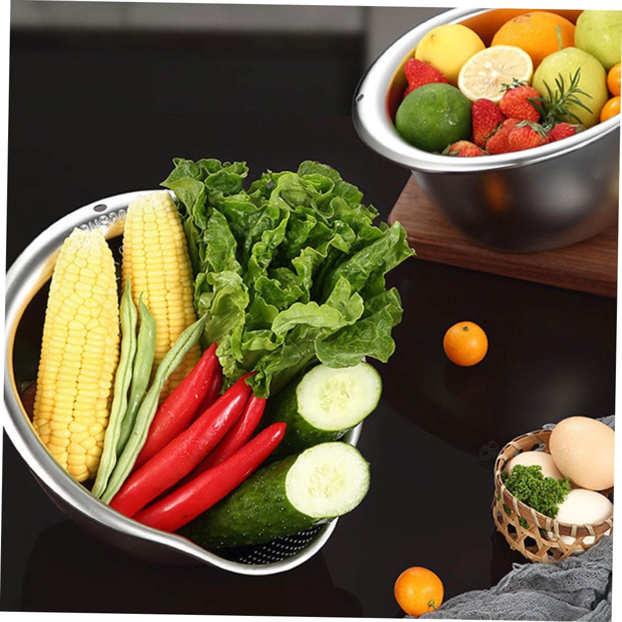 2-Piece Stainless Steel Rice Washing Strainer Set with Thickened Fine Mesh for Fruits Vegetables Easy to Clean Kitchen Colander — image 3