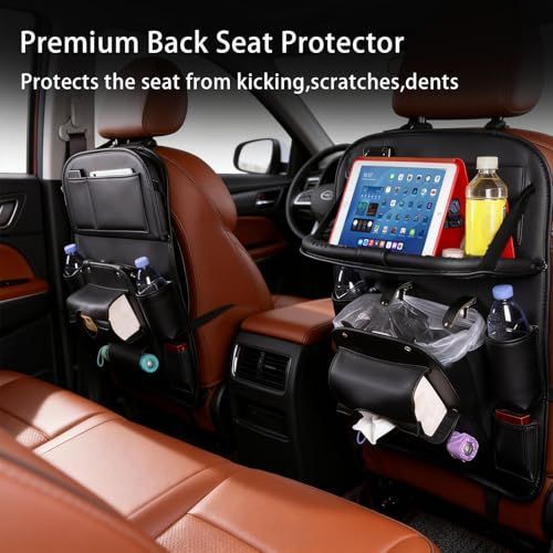 3.15"D x 17.7"W x 25.2"H Universal Premium Leather Foldable Car Backseat Organizer with Table Tray, Car Seat Back Protector with Garbage Bag Touch — image 6