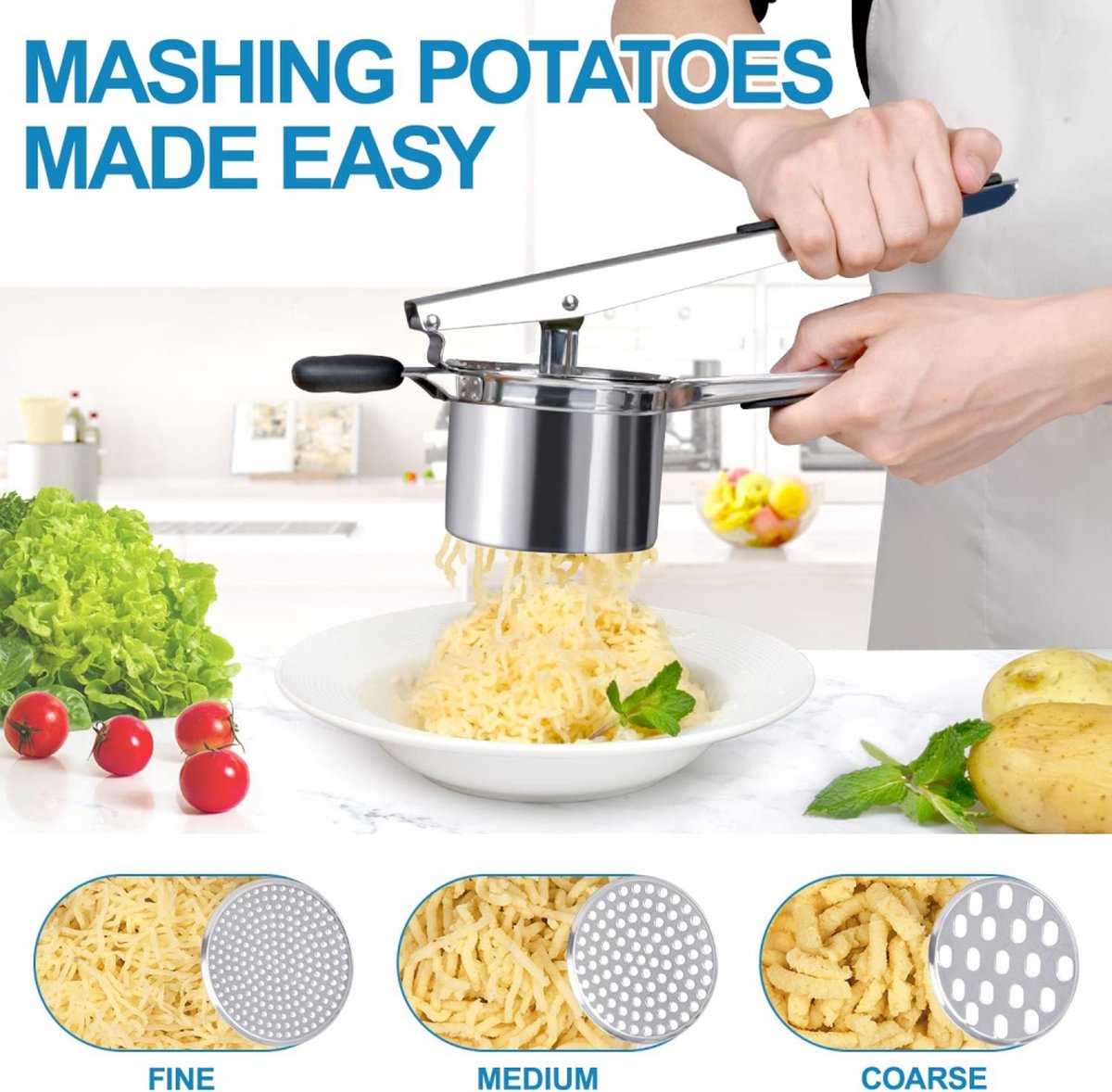 Stainless Steel Potato Press - Potato Squeezer - Potato Masher - Includes 3 Different Texture Discs - Can Be Hanged - Making Potato Puree - Dishwasher Safe — image 3