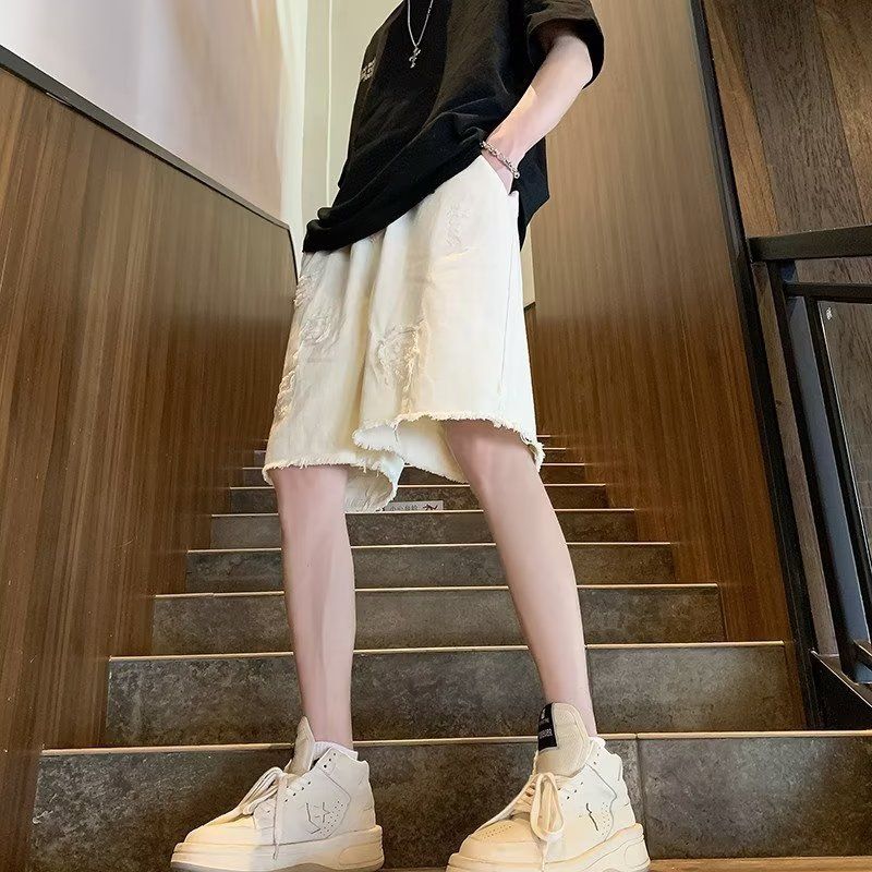 Trendy energy Denim Shorts Men Summer Frayed Straight White L โ image 5