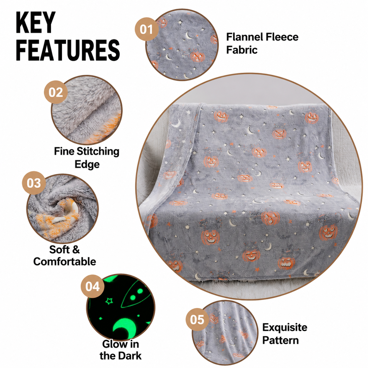 Glow in the Dark Flannel Blanket with Playful Hallowen Pumpkin (S126 / 75 x 100CM) - Versatile Soft Plush Magic Throw Blanket, Durable High Density Woven & โ image 3
