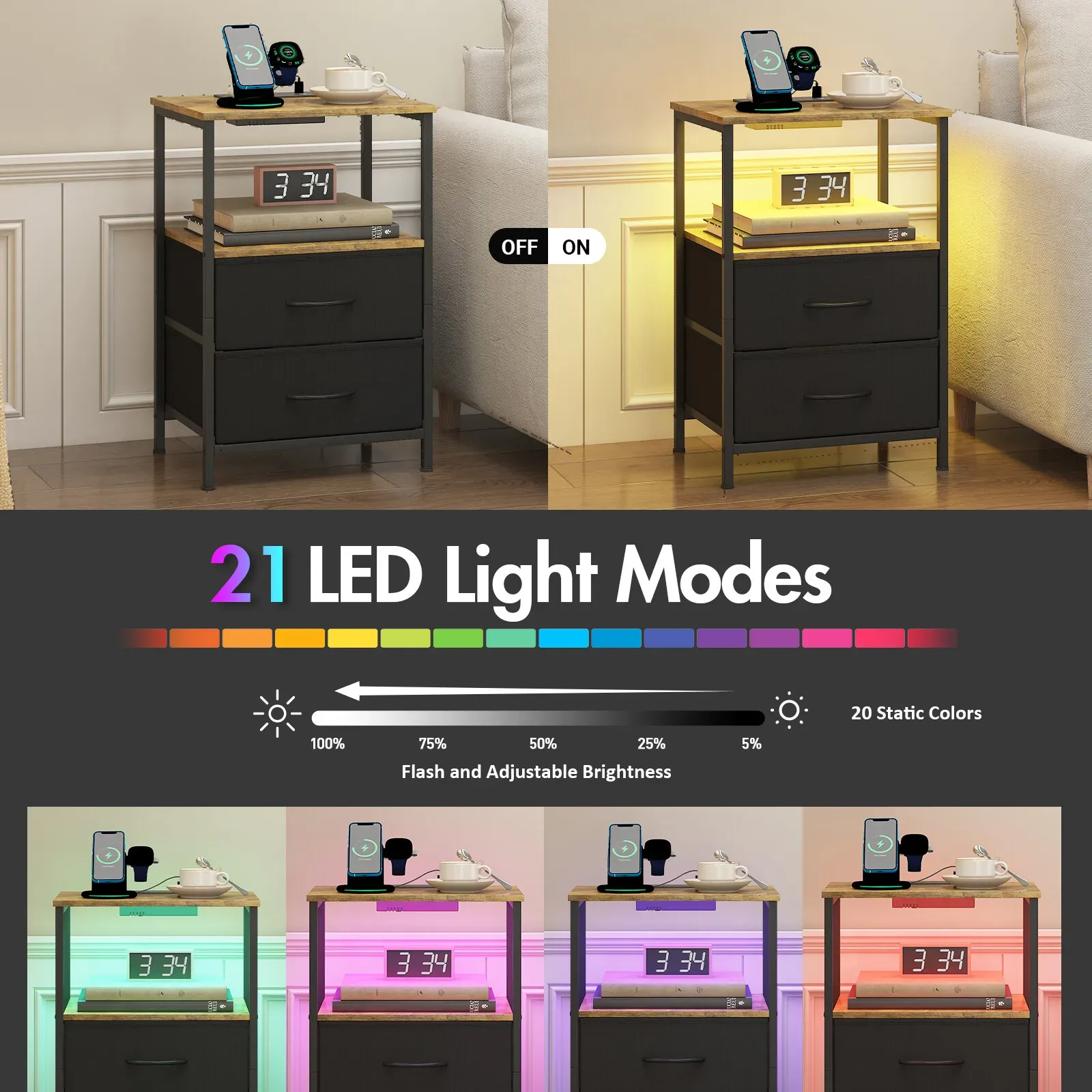 Black and Brown Nightstand with LED Light, Charging Station, and Storage - 60x40cm โ image 6