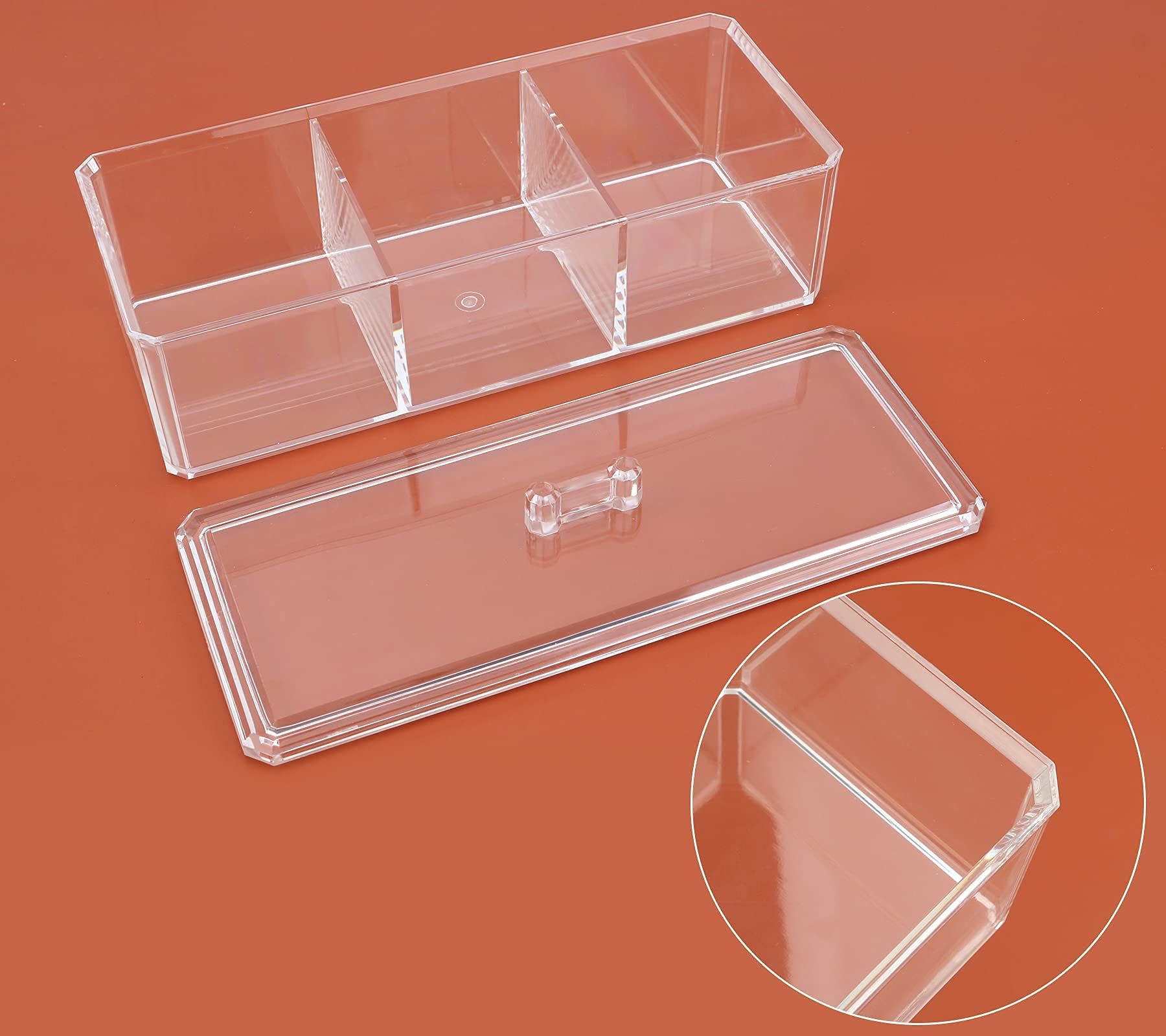 Organizer, Clear Acrylic Vanity Desk Storage and Organizer, 3 Compartment Make Up Holder with Lid Bathroom 9.17x3.7X3.46 Inch β image 4