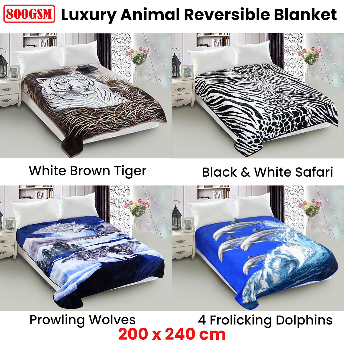 800GSM Luxury Reversible Animal Mink Blanket Queen 200 x 240 cm White Black Safari โ image 2