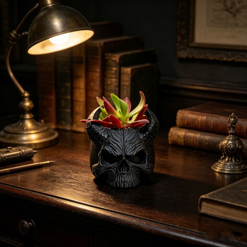 3D-printed horned skull flower pot, succulent plant pot, black โ image 2
