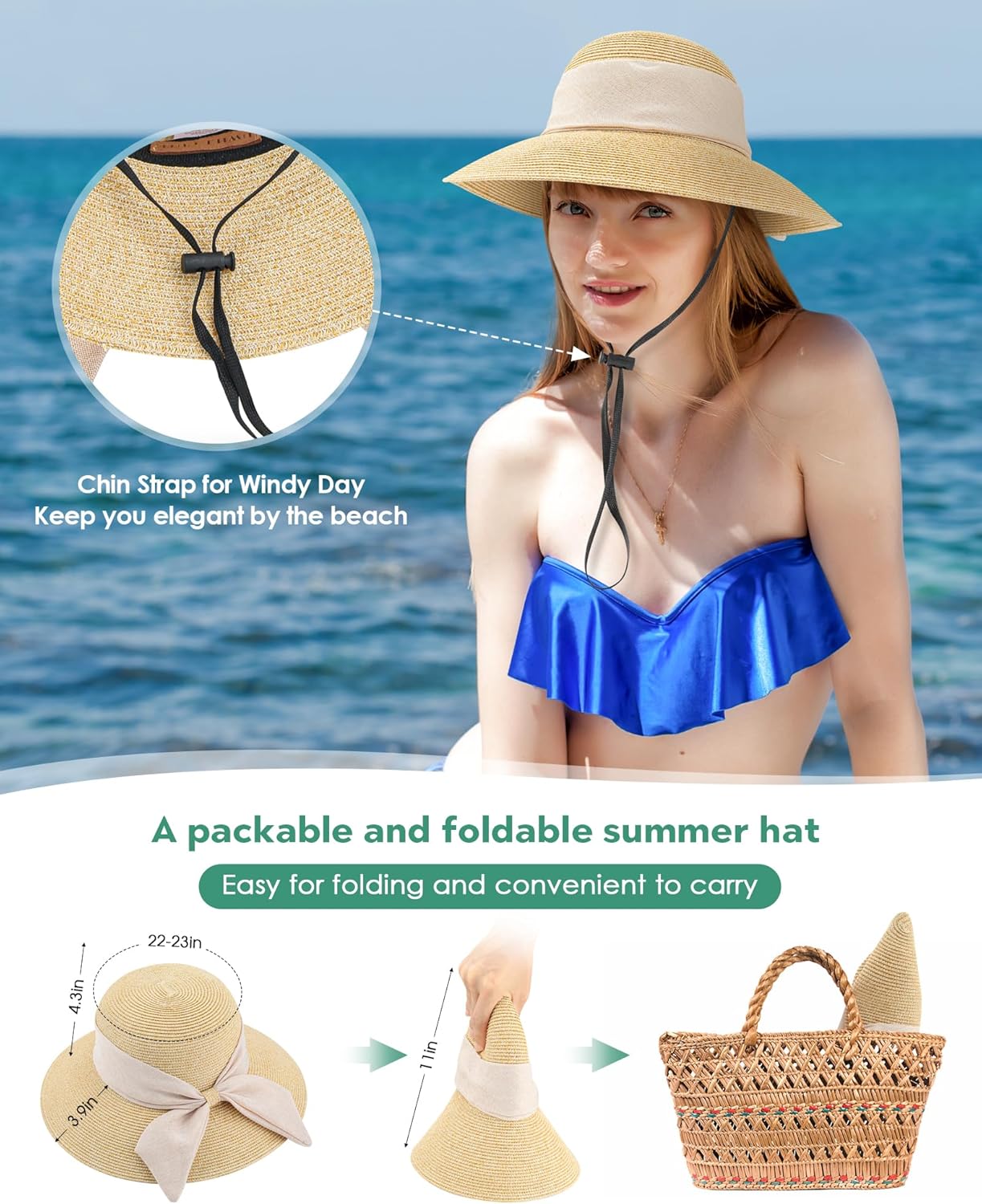 Sun Hat Womens Wide Brim Foldable Straw Hats Beach Sun Hats for Women Floppy Summer Hats UPF 50+ — image 5