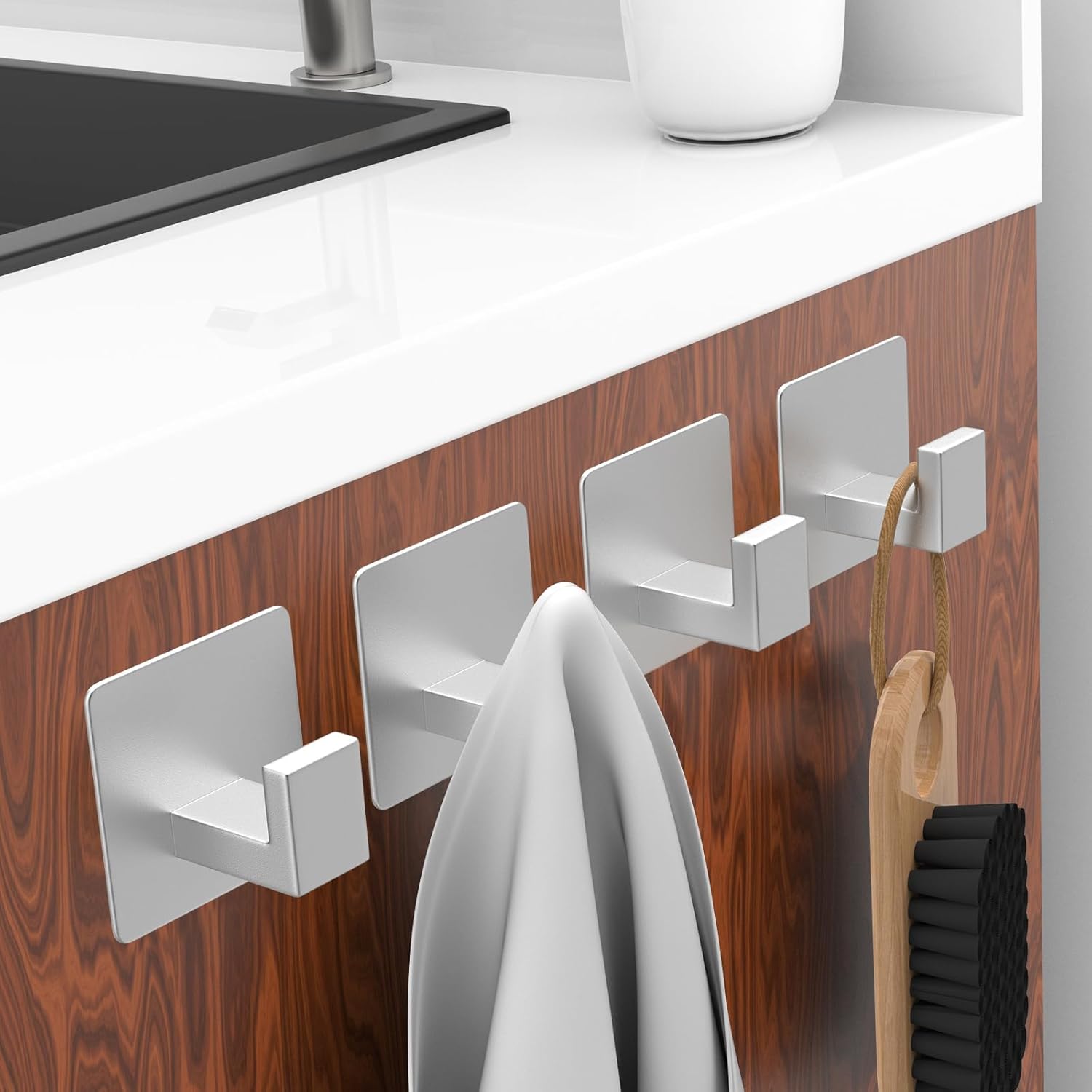 Adhesive Towel Hooks, 4 Pack Sticky Hooks for Hanging Heavy Duty, Coat/Towel Hooks Wall Hooks for Bathroom Kitchen Hotel (Silver) — image 2