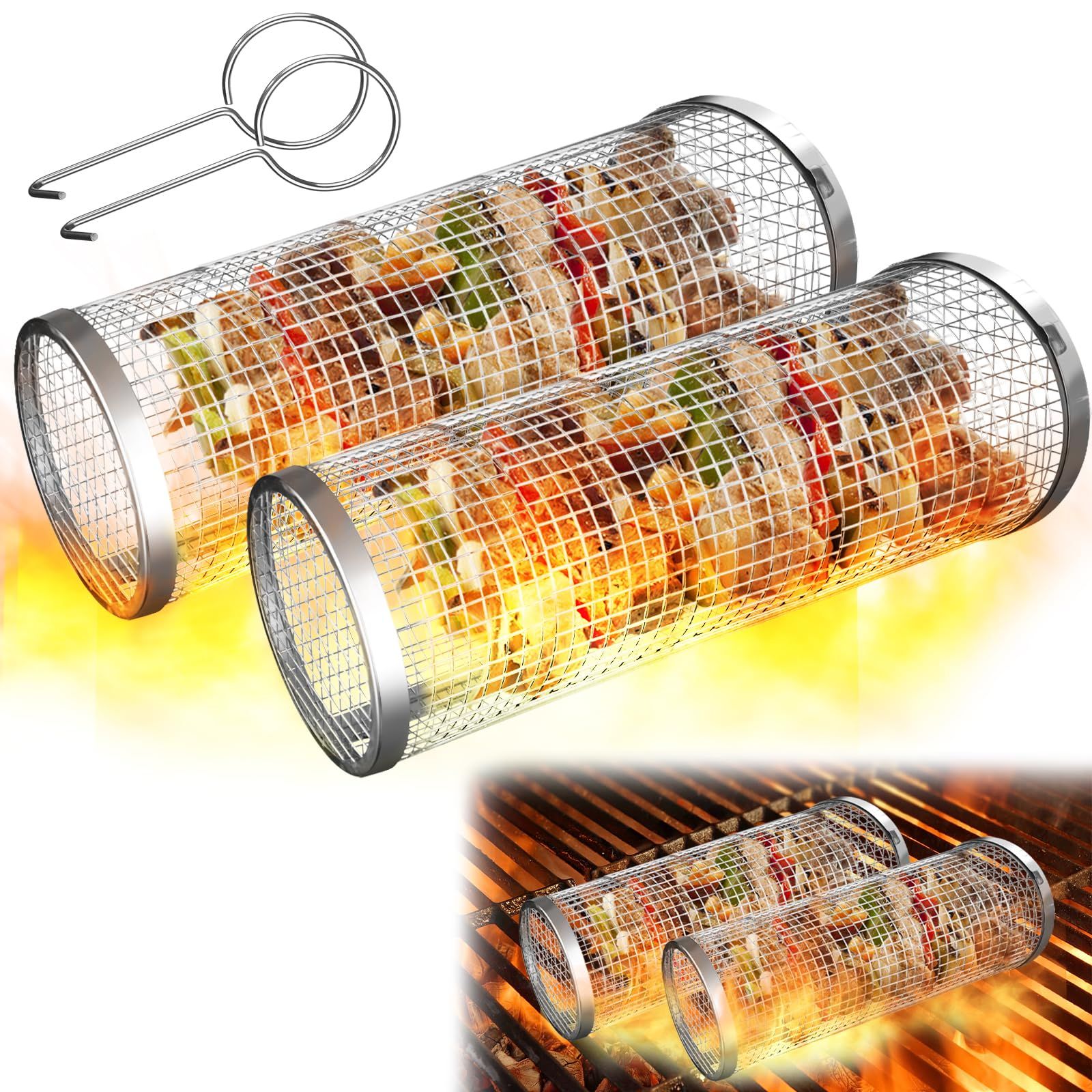 2PCS Rolling Grill Baskets for Outdoor Grill, Egg Accessories-Set Includes Fork, Hook, and Oil Brush-304g Stainless Steel-Perfect Gifts for Dad, Camping Must