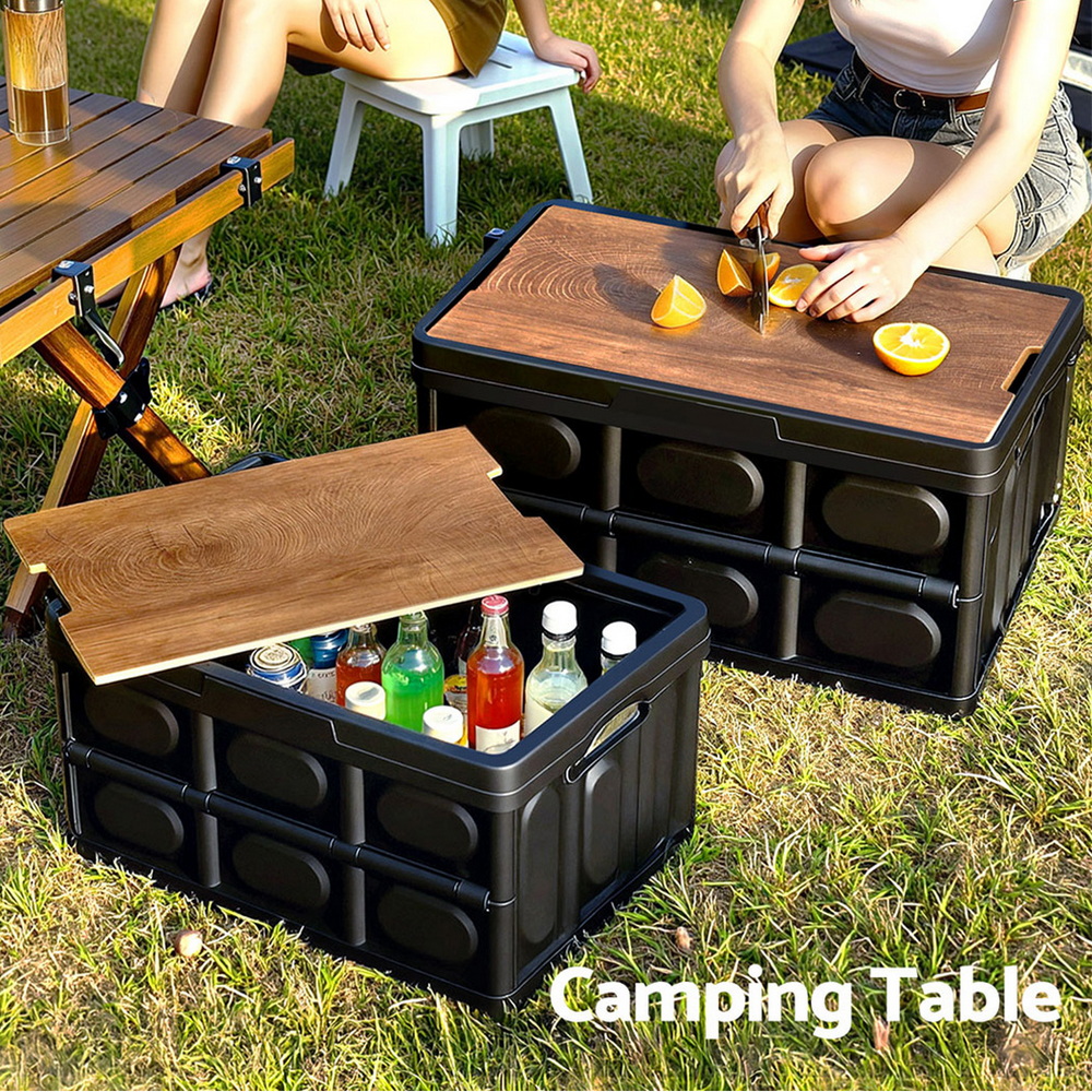 Gardeon Collapsible Outdoor Storage Box 50L Stackable Folding Camping Organizer Plywood Lid Black — image 6