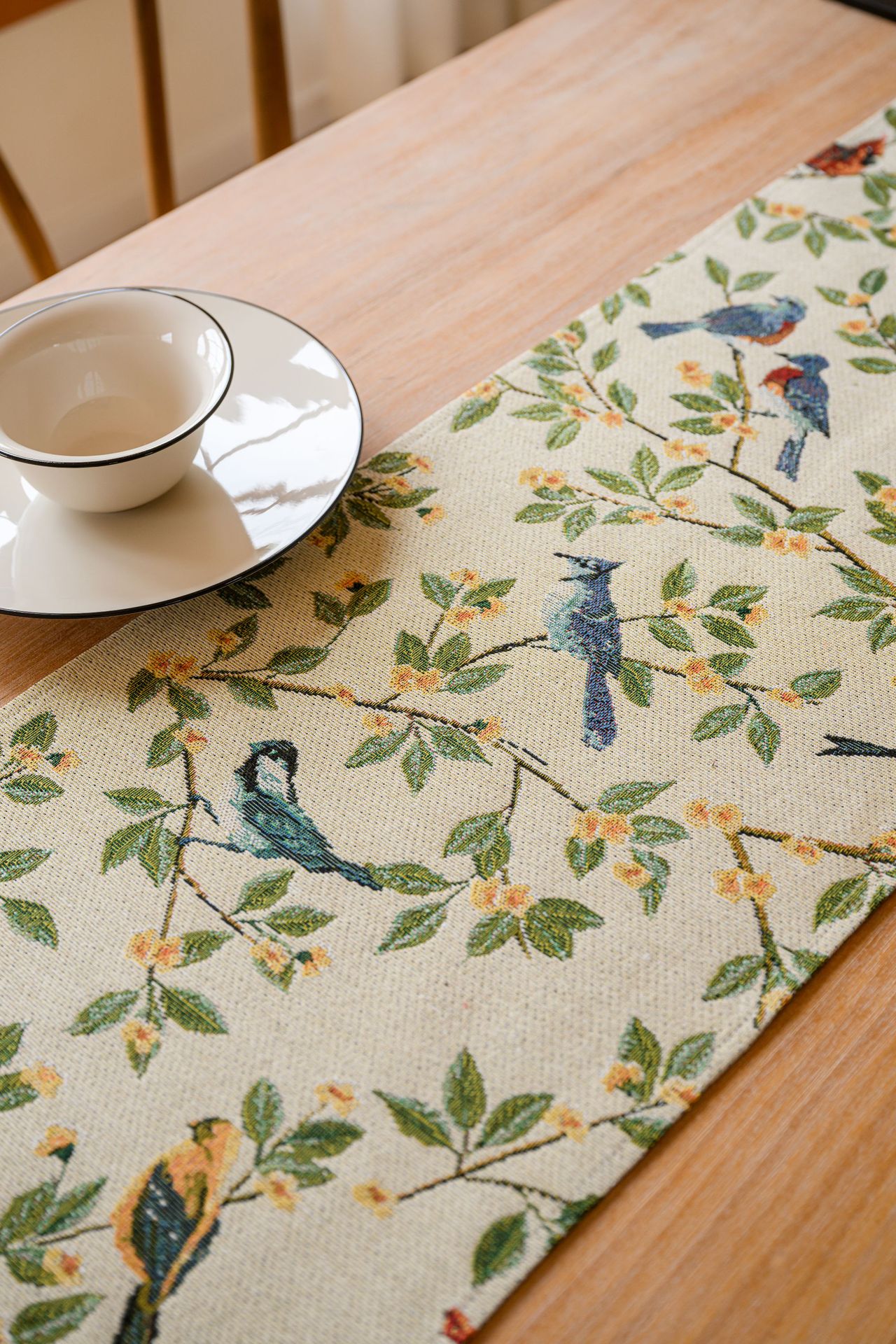 Birds & Branch Table Runner - Jacquard Woven Beige with Tassels(33 × 200CM)