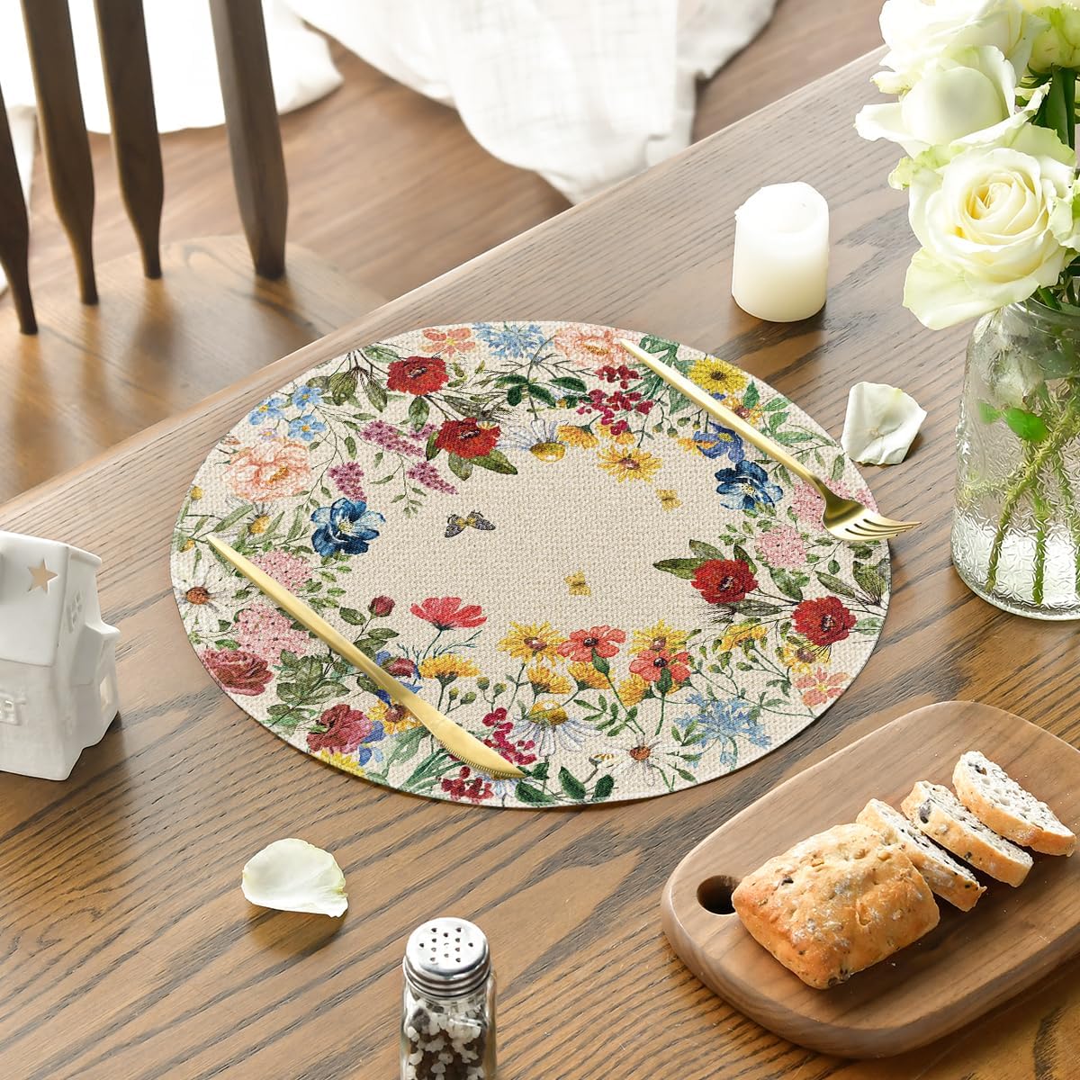 Vintage Floral Spring Round Placemats Set of 4, 14 Inch Seasonal Holiday Round Table Mats for Party Kitchen Dining Decoration โ image 3