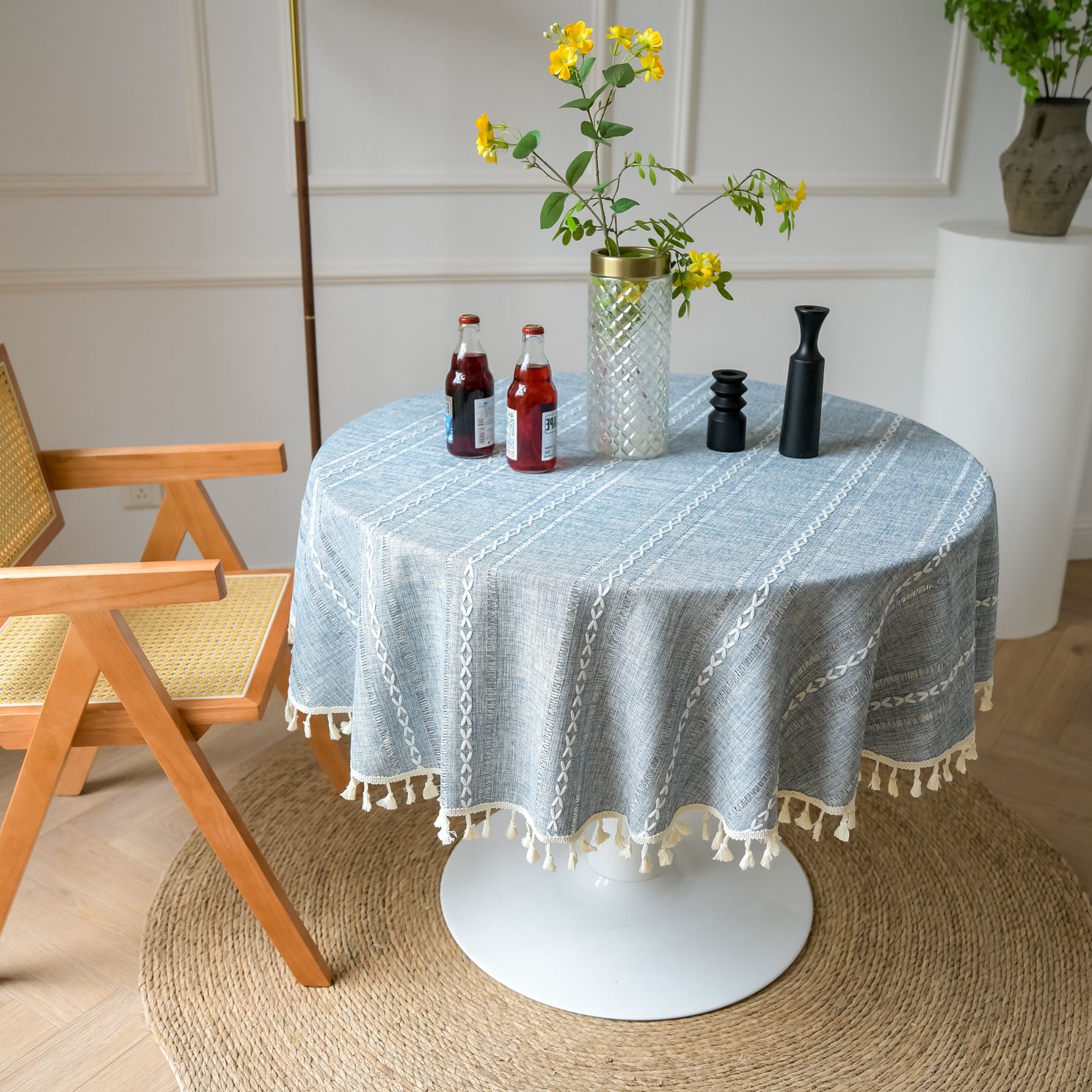 Rustic Farmhouse Round Tablecloth Cotton Linen Grey Dust-Proof Washable Embroidery Table Cover Heavy Weight Table Cloth for Party Kitchen Dining Tabletop — image 4