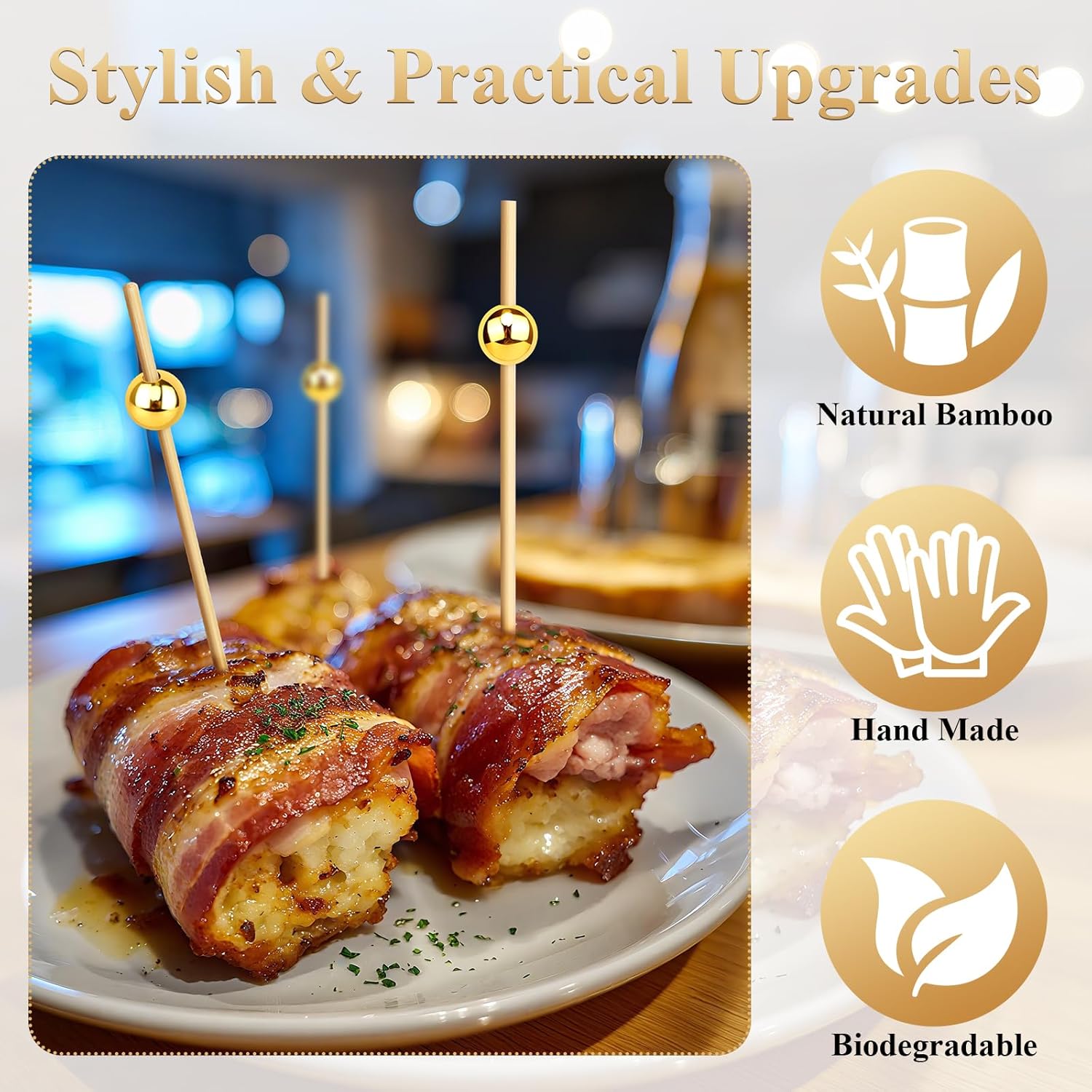 [300PCS] Cocktail Picks, Fancy Toothpicks for Appetizers Drinks Food Fruit, 4.7 IN Long Decorative Bamboo Skewers, Gold Pearl Wooden Garnish Sticks for — image 3