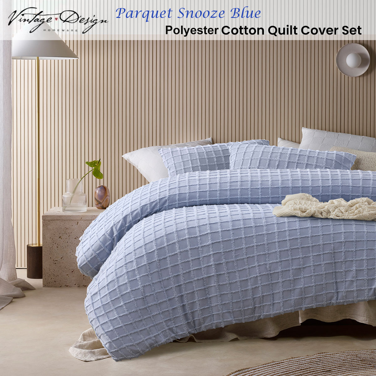Vintage Design Homewares Parquet Snooze Blue Polyester Cotton Quilt Cover Set King โ image 2