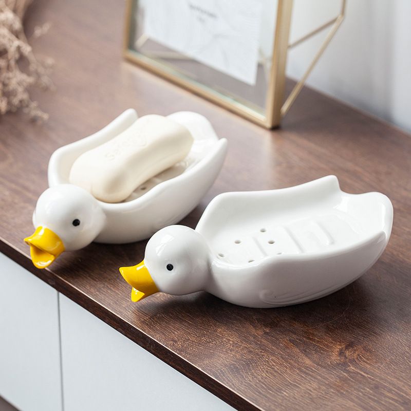 2 Pack White Duck Ceramic Soap Dishes Cute Bar Soap Holder Self Draining Animal Soap Tray with Drainage for Bathroom,Sponge Holder