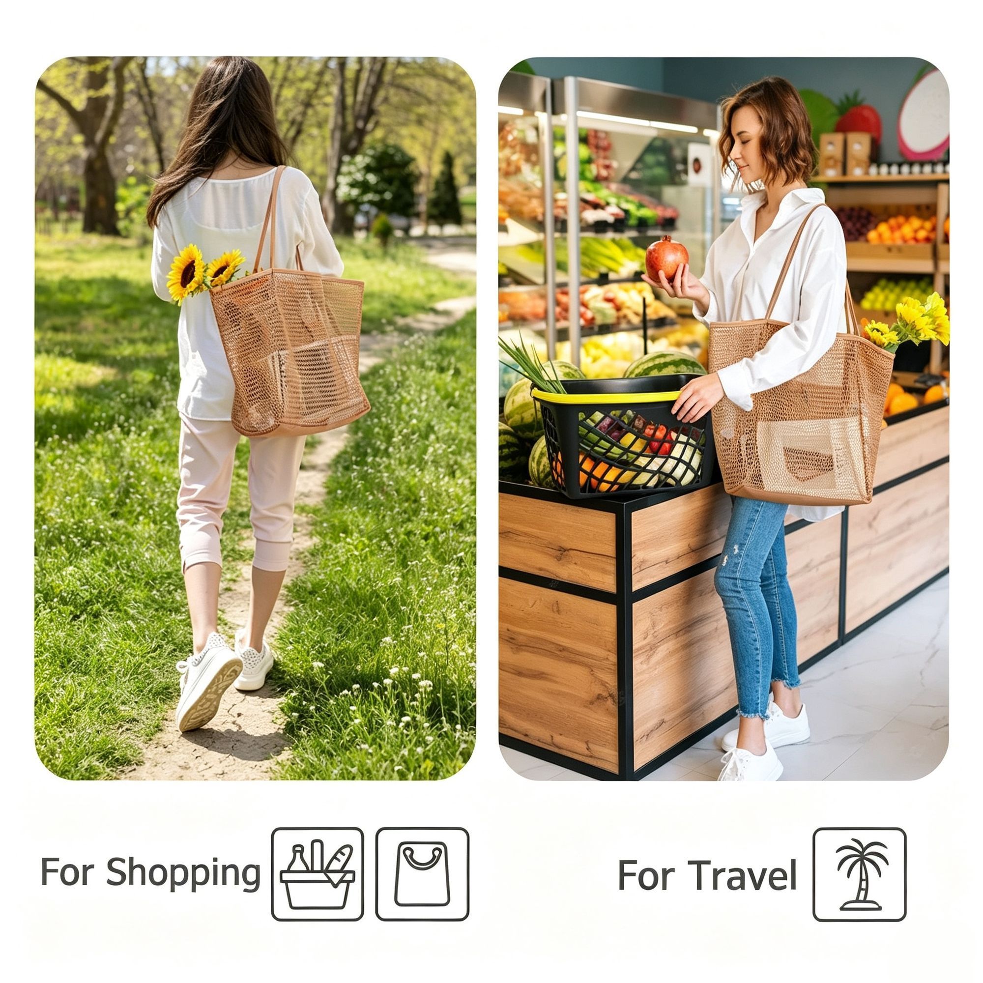 Women Net Yarn Beach Shoulder Tote Bag, Off‑White, Lightweight Travel Play Handbag, Christmas & Halloween Holiday Styling Accessory, Thoughtful Holiday Present — image 4