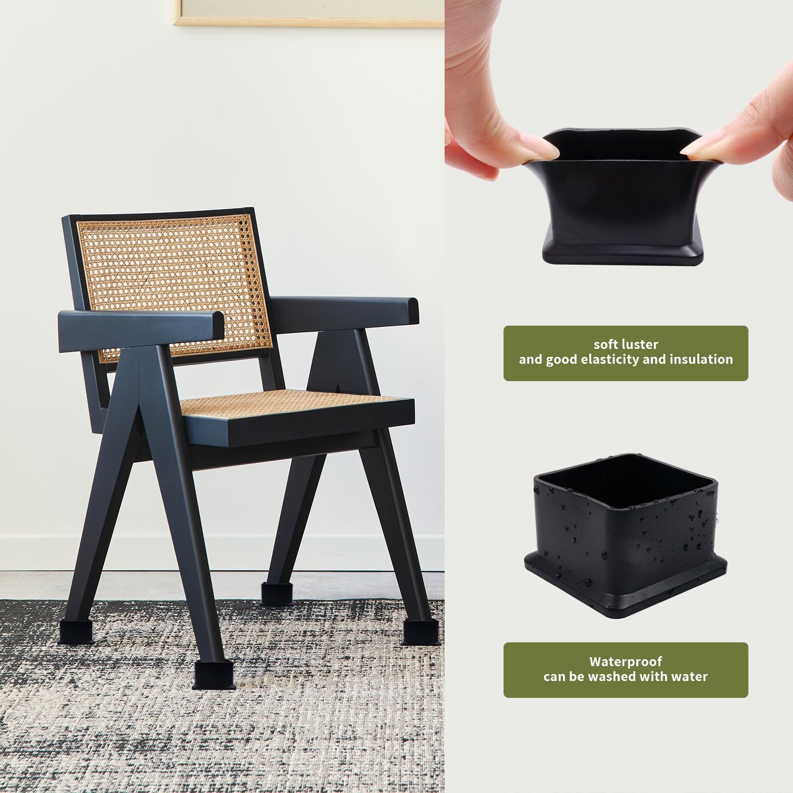 Chair Leg Caps Furniture Foot Fit for Square,Rectangle Chair feet Floor Protectors Inner Rubber Black(2 Pcs) — image 3
