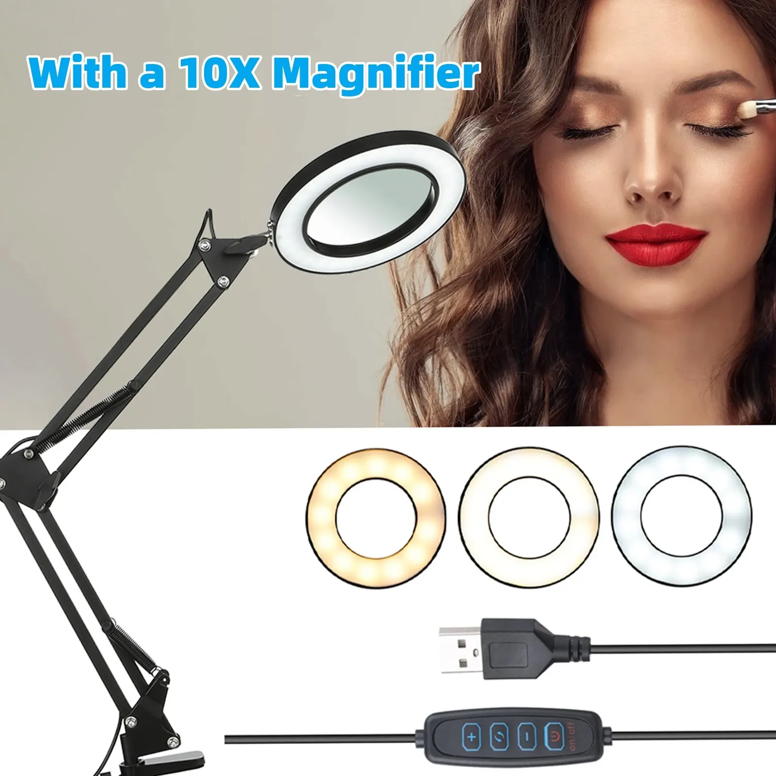 Illuminated Magnifying Glass with 72 LEDs, 8X/10X Magnification, New USB, 3 Colors, Table Lamp, and Skin Care 27MM-Black — image 2