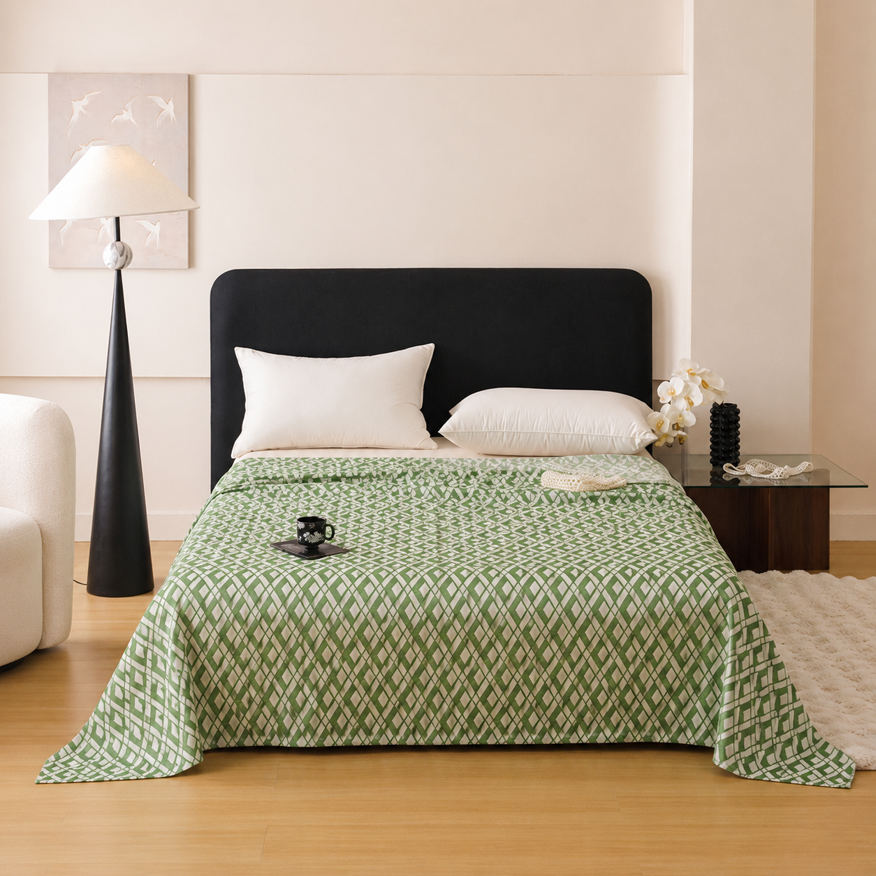 Green Diamond Pattern Bamboo Fiber Summer Cooling Blanket 150ร200cm for Bed Sofa Air Conditioned Room Lightweight Breathable Gauze Coverlet