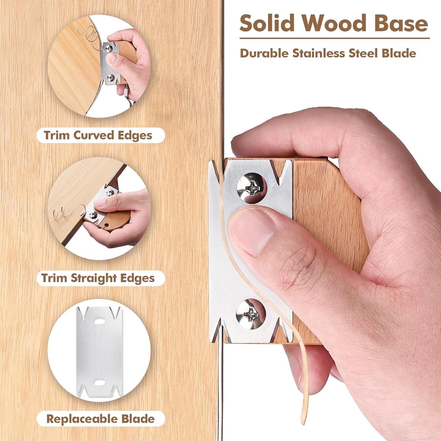 Edge Banding Trimmer, Upgraded Veneer Edge Trimmer with Wooden Handle and 3 Replacement Blades, Edge Band Cutter Tool for Woodworking, Veneer, PVC, Laminate — image 3