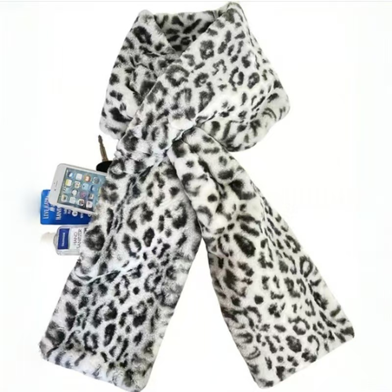 Leopard Print Soft Faux Fur Scarf with 15x20CM Hidden Zipper Pocket - Anti-Theft Travel Scarf for Phone, Passport and Essentials