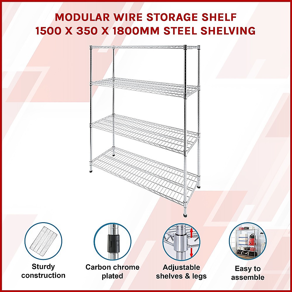 Modular Wire Storage 150x35cm Steel Shelving Chrome With Fixed Legs For Garage Warehouse Or Kitchen Organisation โ image 3