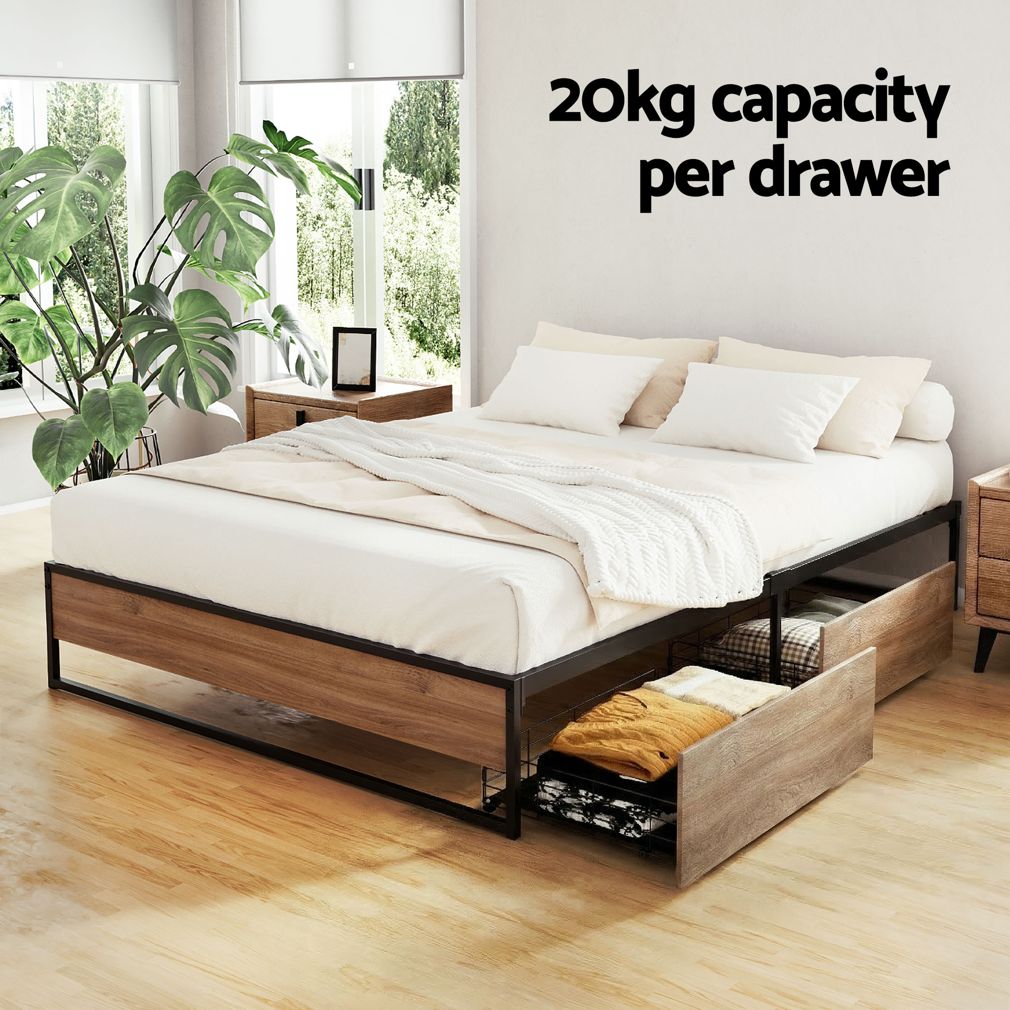Artiss Bed Frame Metal Frame Queen Size Bed Base 2 Drawers OSLO โ image 4