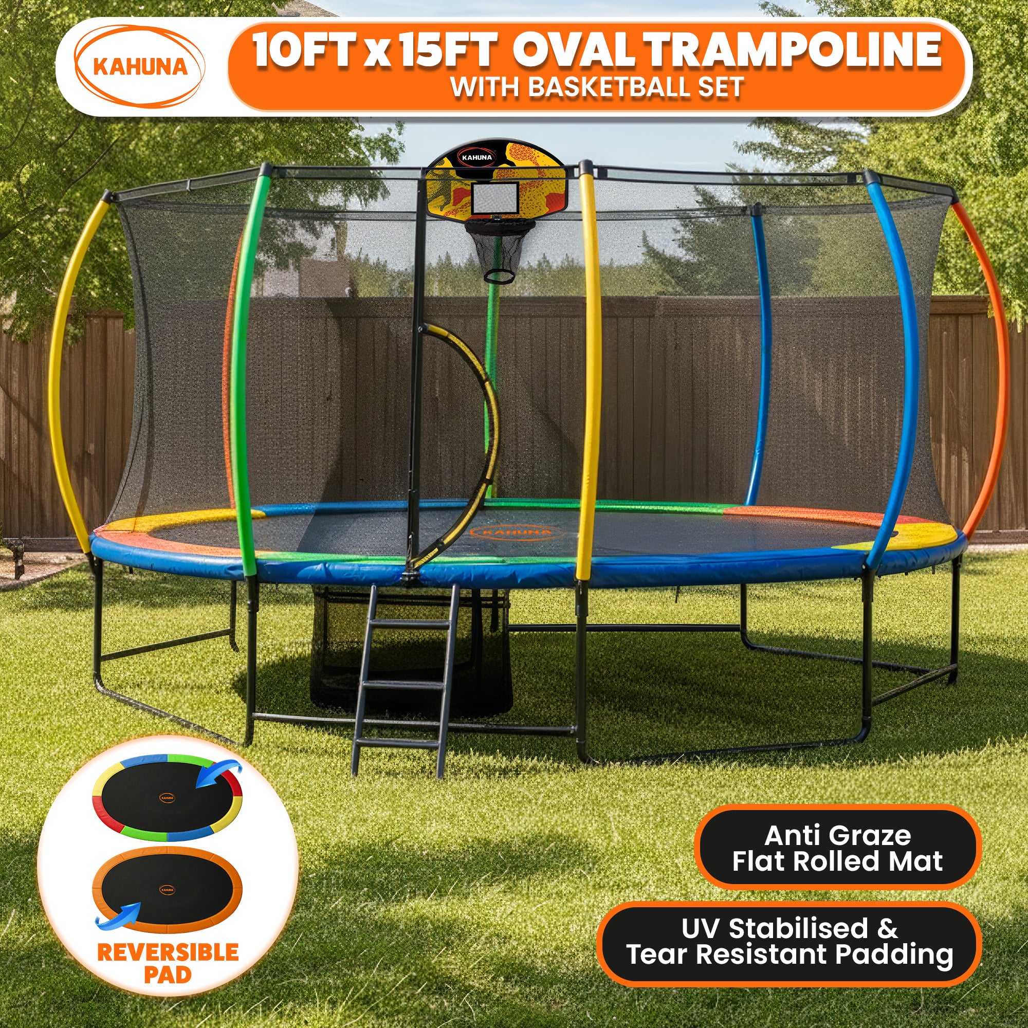 Kahuna 10 ft x 15 ft Oval Outdoor Trampoline w/ Basketball Set Reversible Rainbow & Orange Safety Pad Safety Net Ladder โ image 6