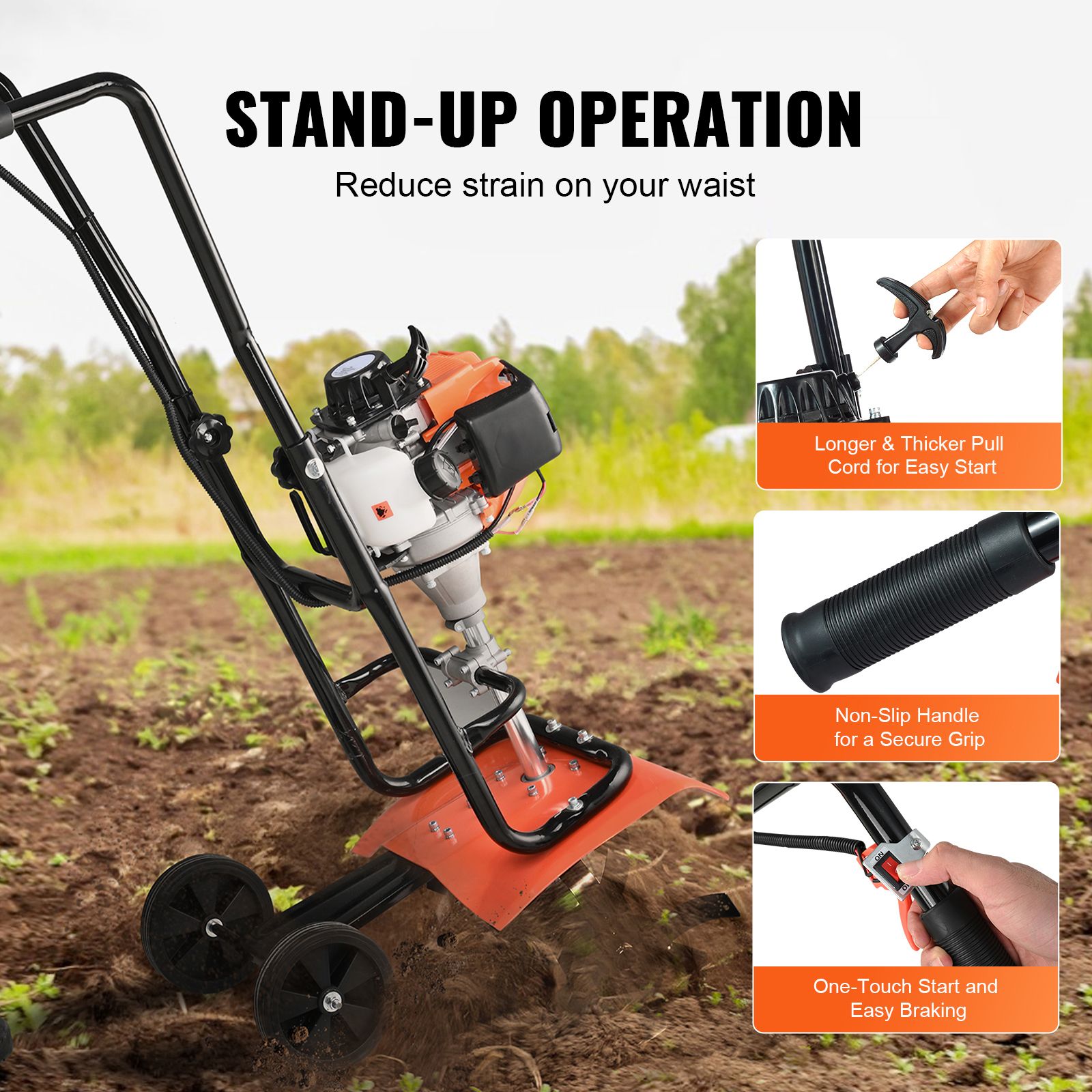Tiller Cultivator Gas Powered, 31CC 4-Stroke Garden Cultivator, Tiller with 4 Steel Adjustable Front Tines for Lawn, Garden and Field Soil Cultivation — image 5
