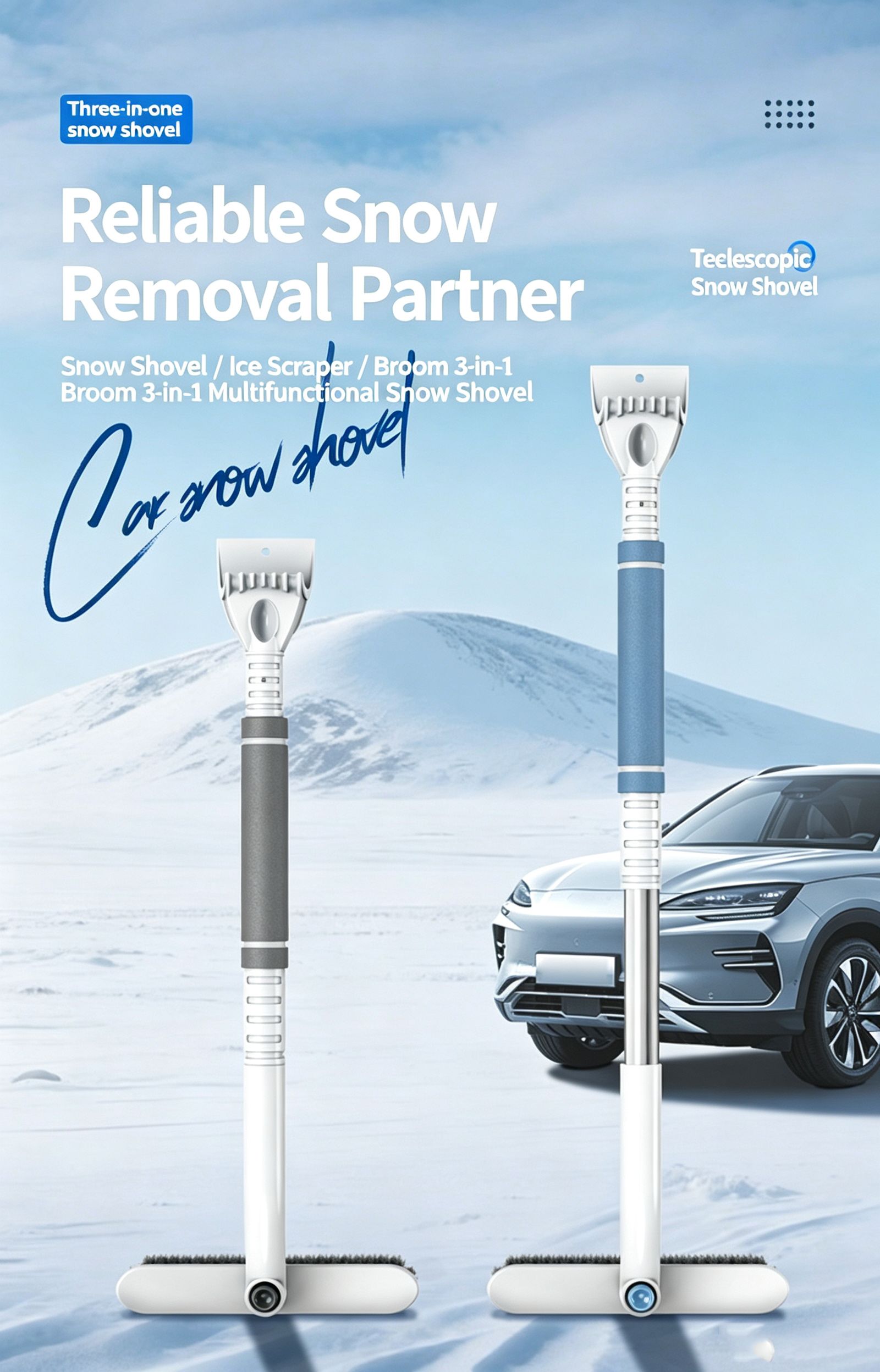 Three-in-One Extendable Car Multi-Function Ice and Frost Removal Shovel,blue — image 2