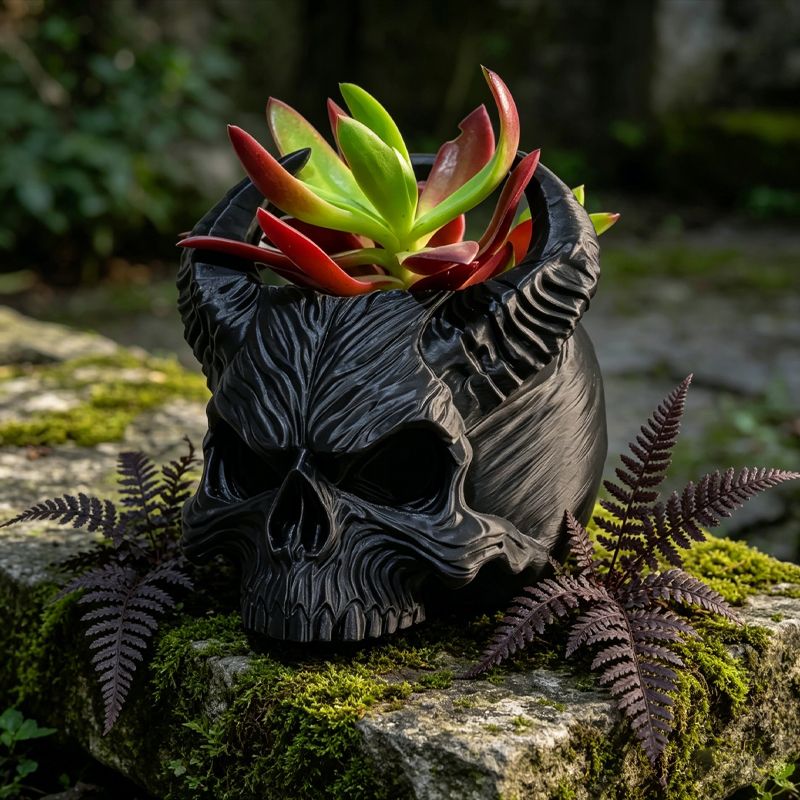3D-printed horned skull flower pot, succulent plant pot, black