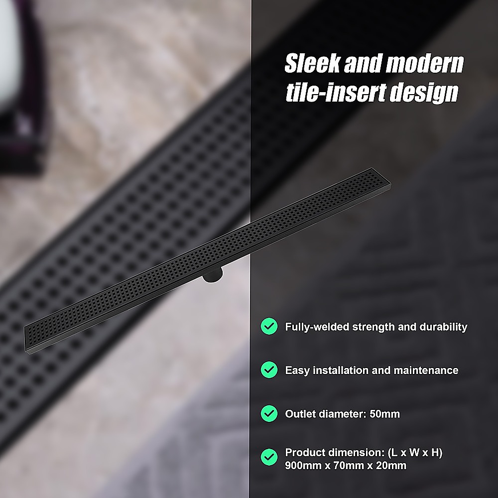 900mm Bathroom Shower Black Grate Drain w/Centre outlet Floor Waste Square Pattern โ image 6