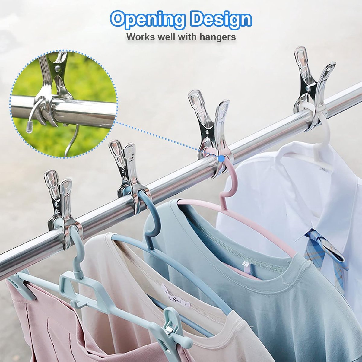 Clothes Pegs - 18 Pieces - Beach Towel Anti-Wind Pegs for Beach Chair - Stainless Steel - Large - Opening 6 Cm - Clothes Rack Pegs - Anti-Slip Clip — image 2