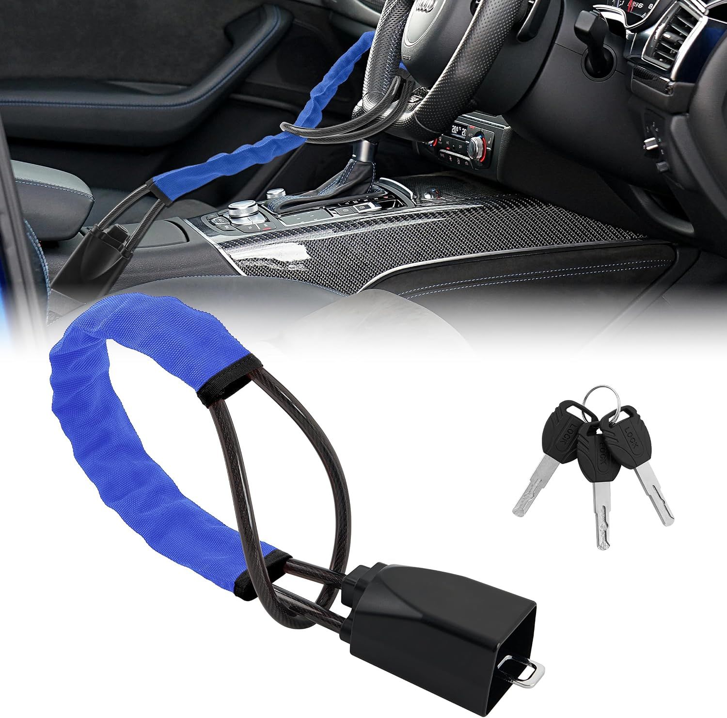 Blue 28 Inch Car Steering Wheel Anti Theft Lock - Universal Steel Cable Anti Shear Seat Belt Lock with 3 Keys and Protective Sleeve, Waterproof and Rustproof
