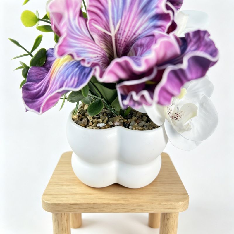 Simulated iris potted plant, floral artistry vibrant and colorful, pumpkin planter round and versatile, no maintenance ready to display upon opening, brightens โ image 3