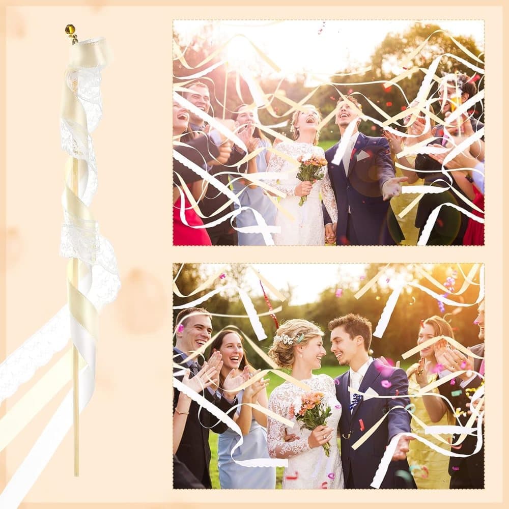 30 Pack Wedding & Party Decor Satin & Lace Ribbon Wands with Bells, 30cm Light Orange — image 4