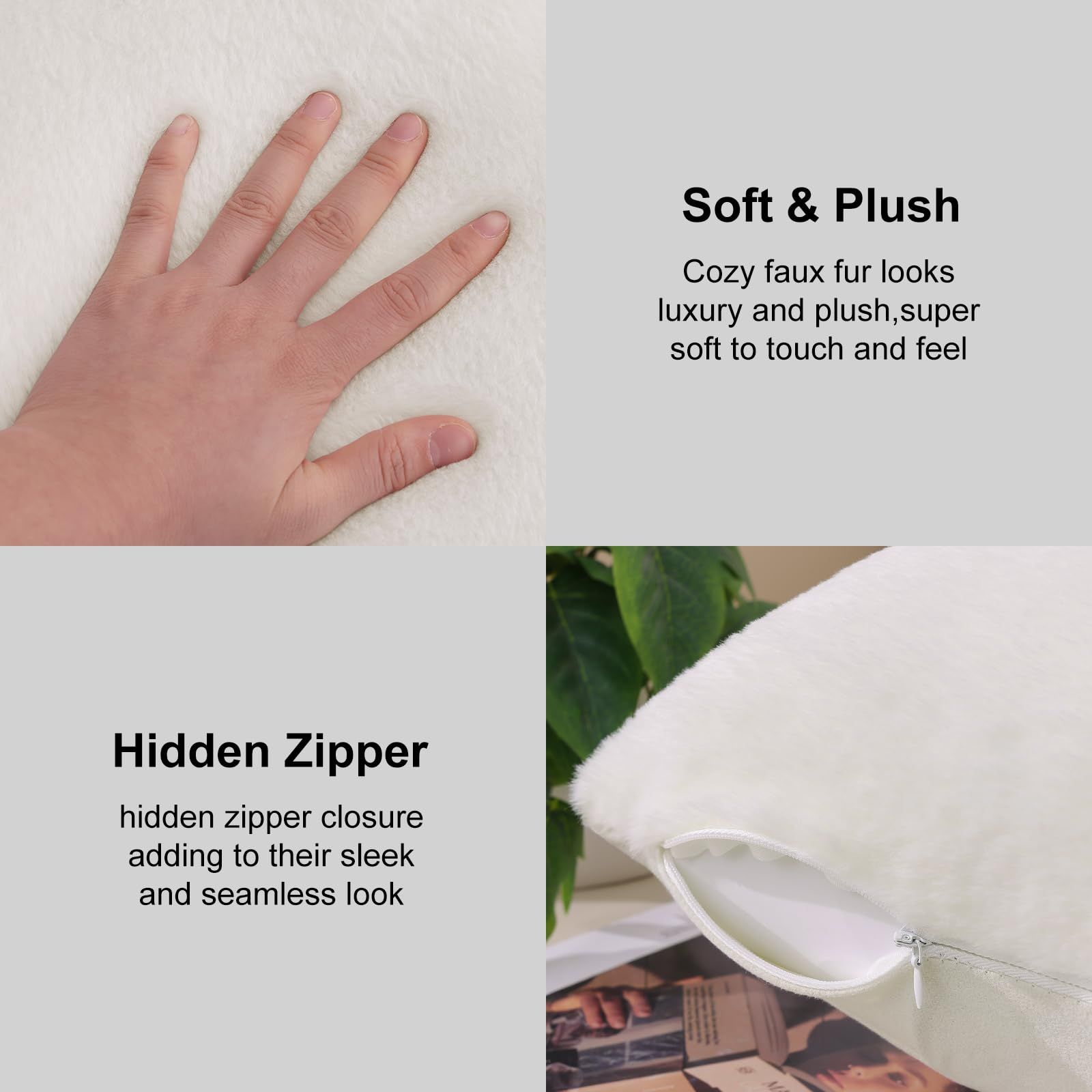 Faux Fur Plush Throw Pillow Covers 18x18 Set of 2 - Luxury Soft Fluffy Cozy Decorative Pillow Covers for Sofa, Couch- Cream White โ image 2